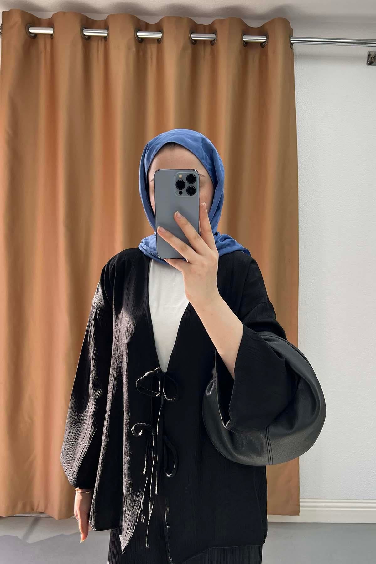 Önü Bağlamalı Crinkle Ceket Siyah