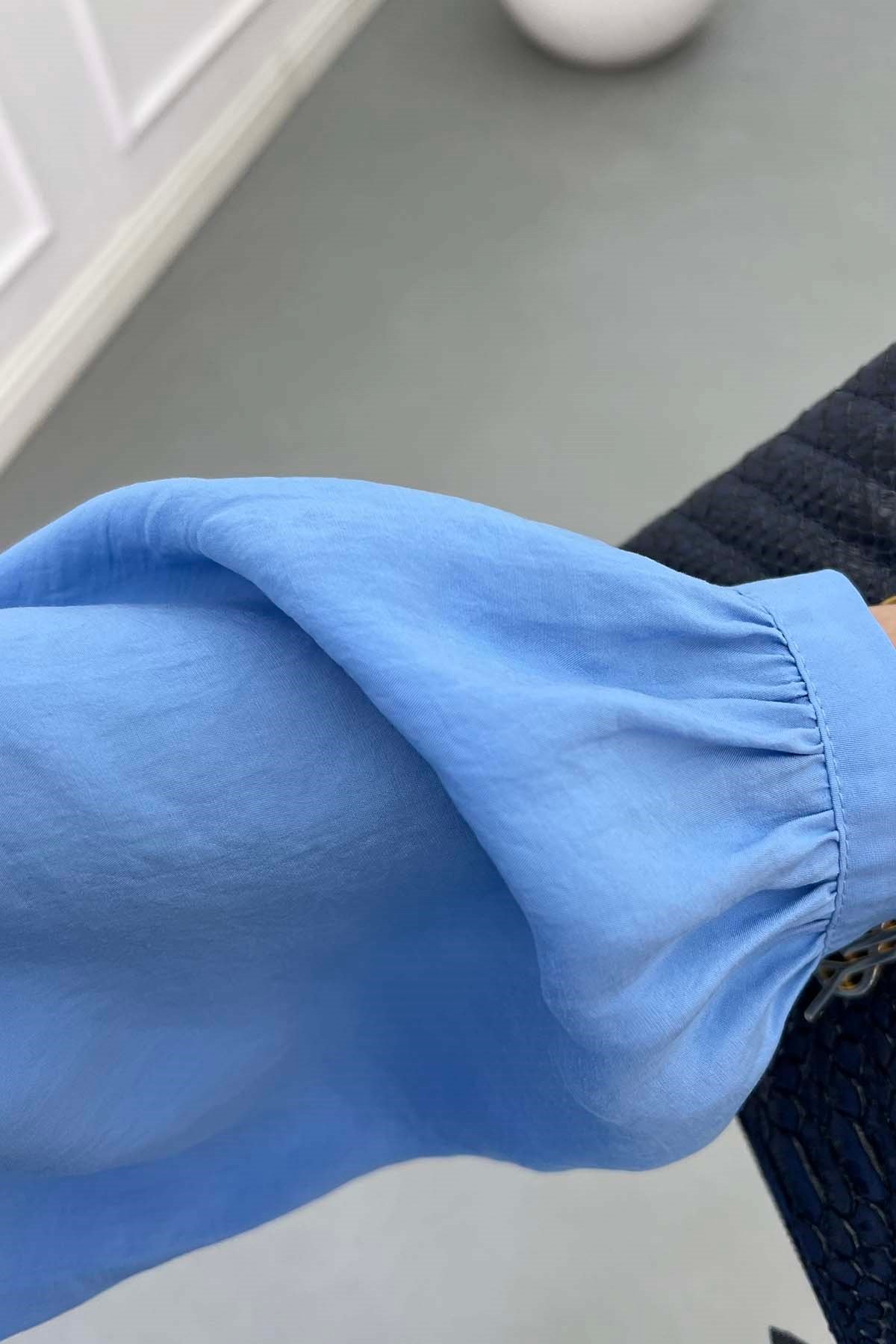 Önü Düğmeli Kemerli Modal Cupra Tunik Bebe Mavi
