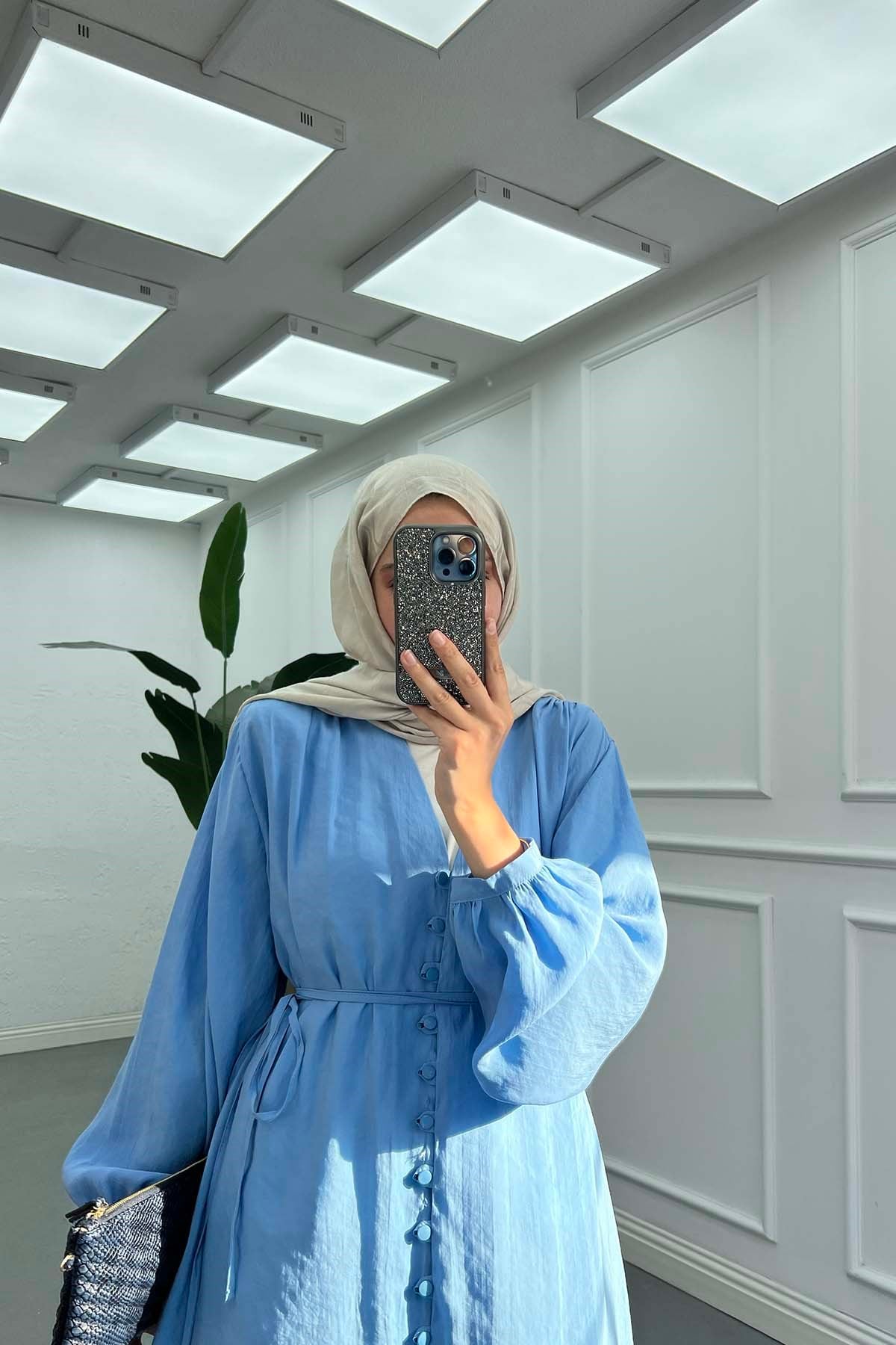 Önü Düğmeli Kemerli Modal Cupra Tunik Bebe Mavi
