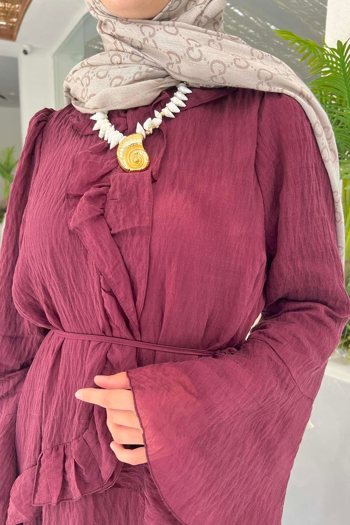 Önü Fırfırlı (Astarlı) Tül Elbise Bordo