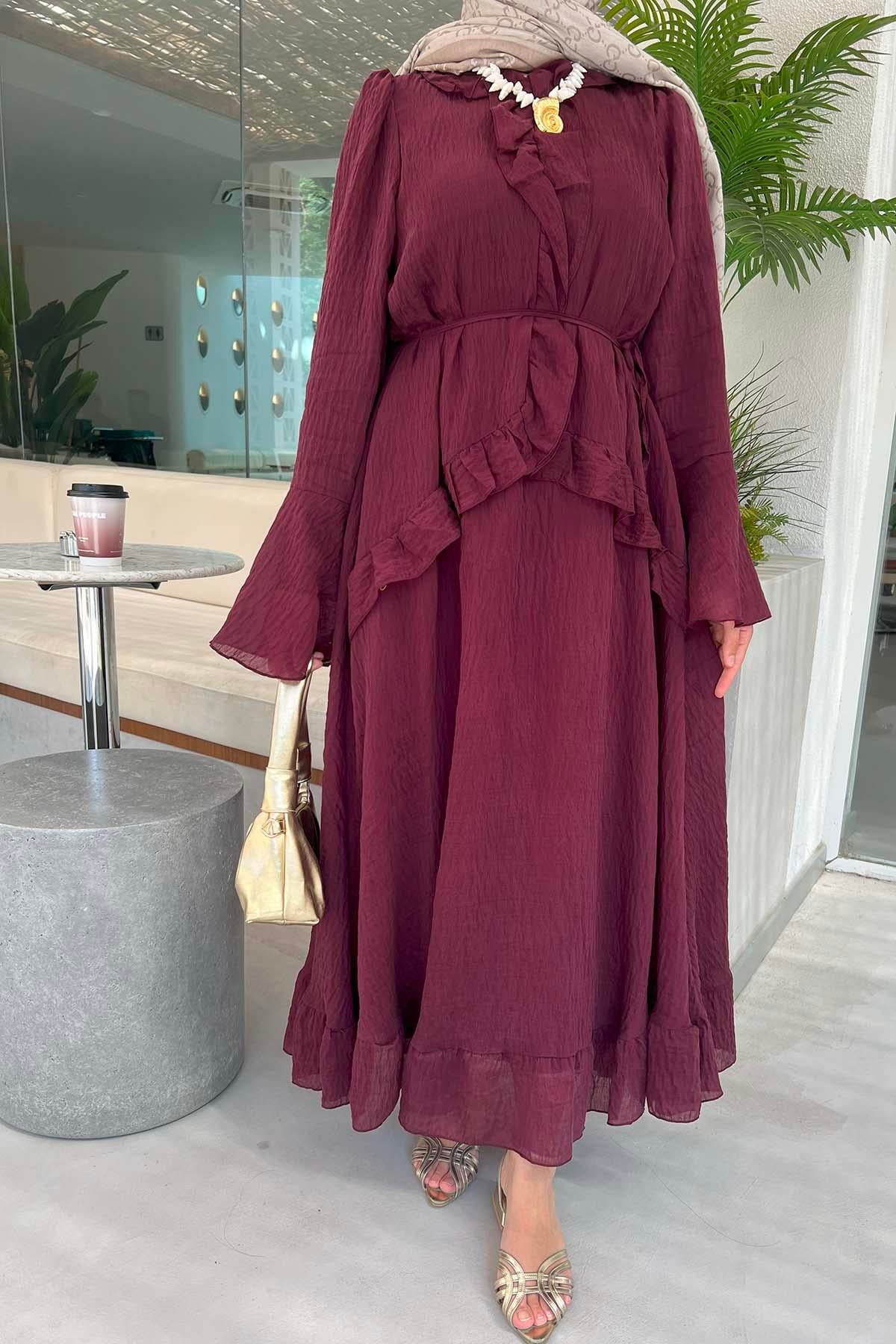 Önü Fırfırlı (Astarlı) Tül Elbise Bordo