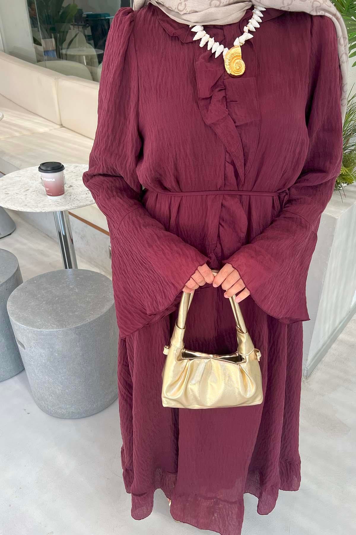 Önü Fırfırlı (Astarlı) Tül Elbise Bordo
