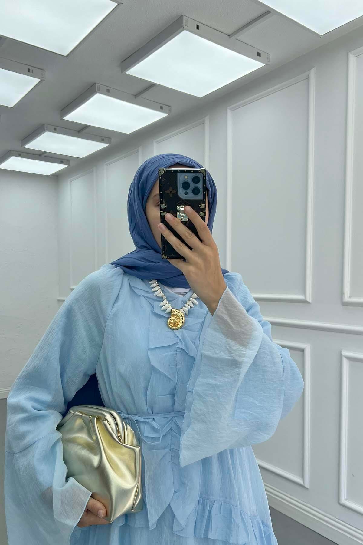 Önü Fırfırlı (Astarlı) Tül Elbise Mavi