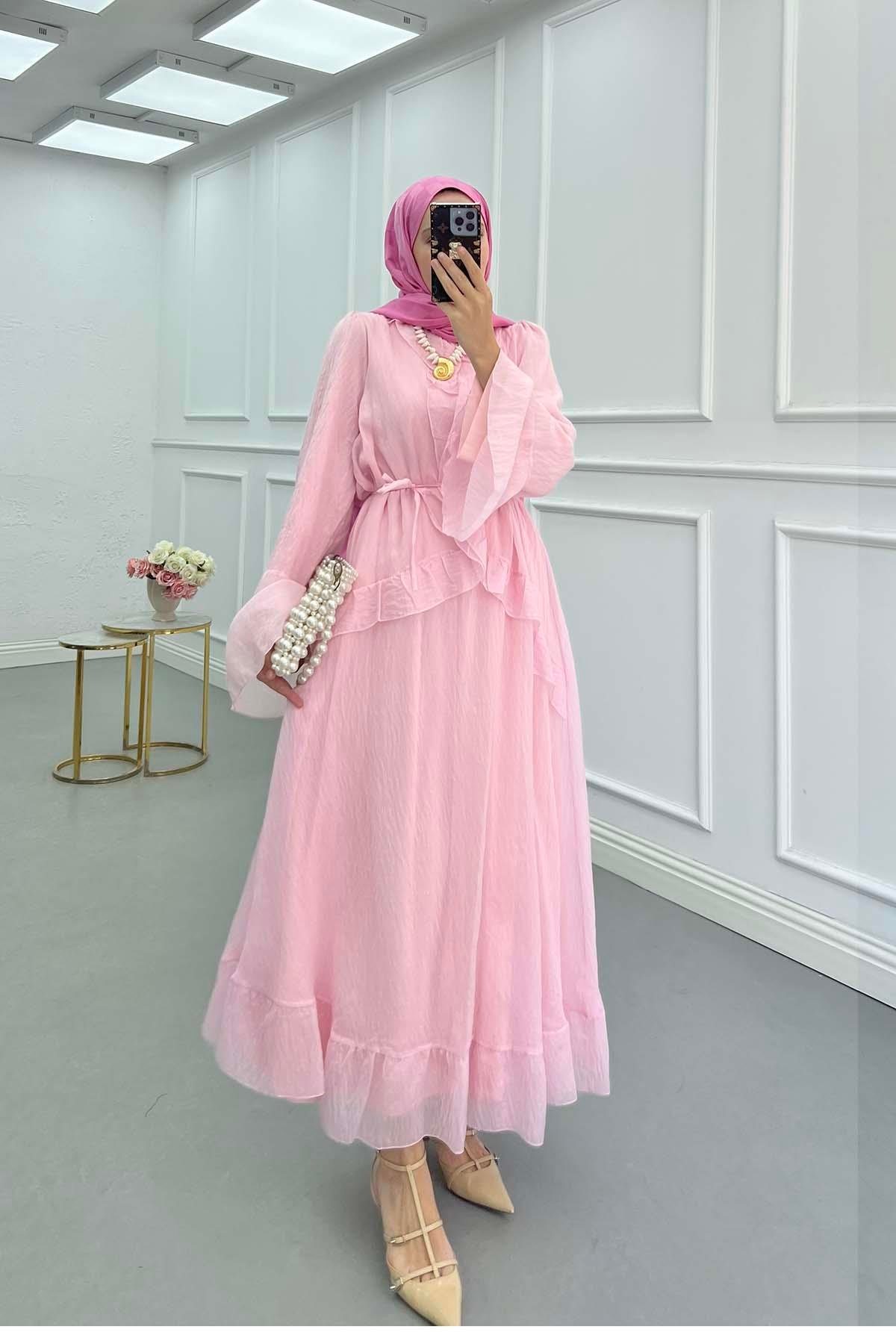 Önü Fırfırlı (Astarlı) Tül Elbise Pembe