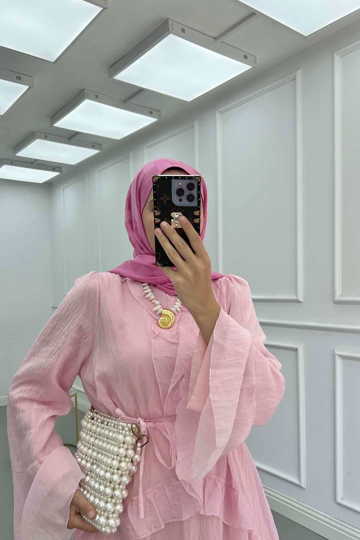 Önü Fırfırlı (Astarlı) Tül Elbise Pembe