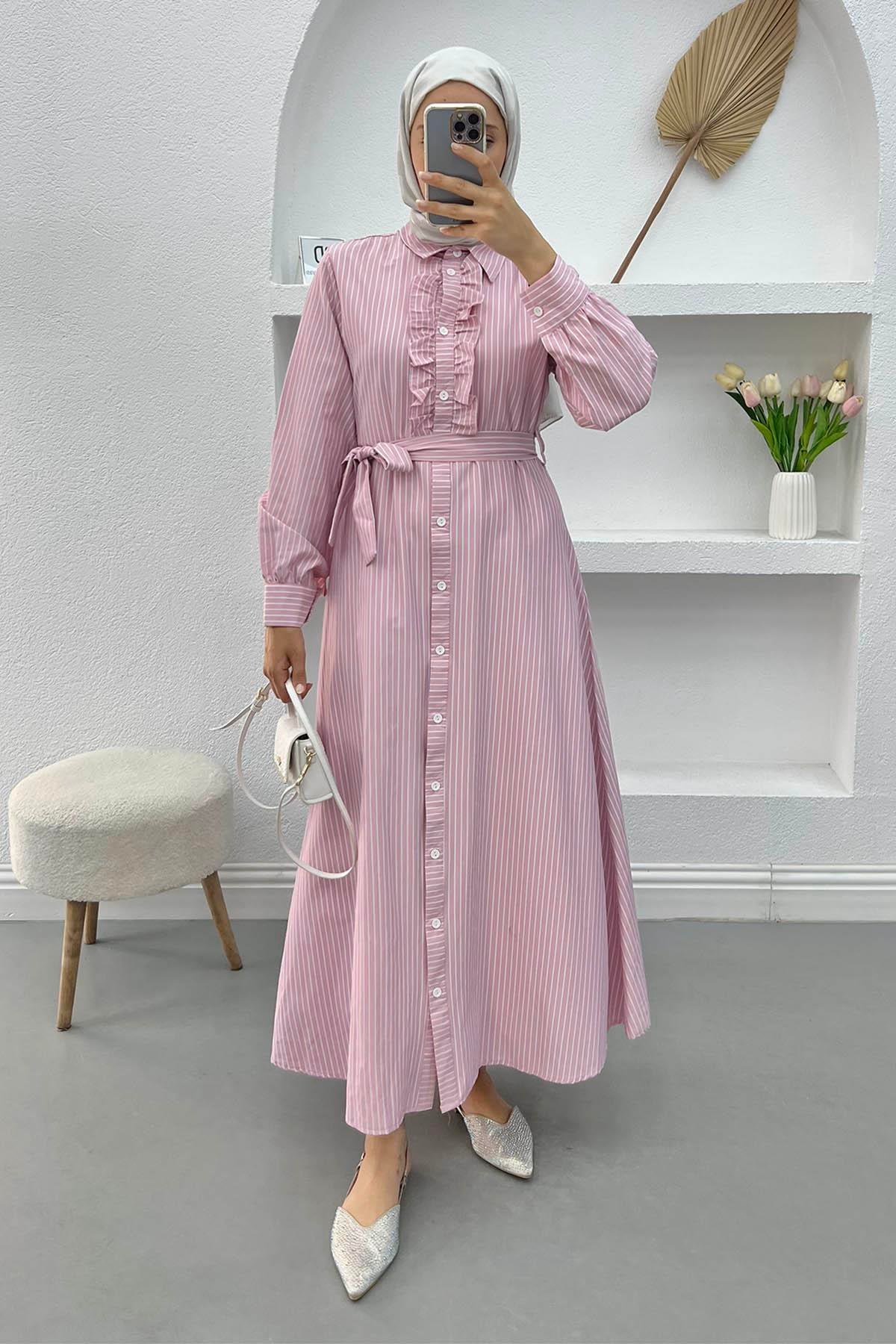 Önü Fırfırlı Çizgili Elbise Pembe