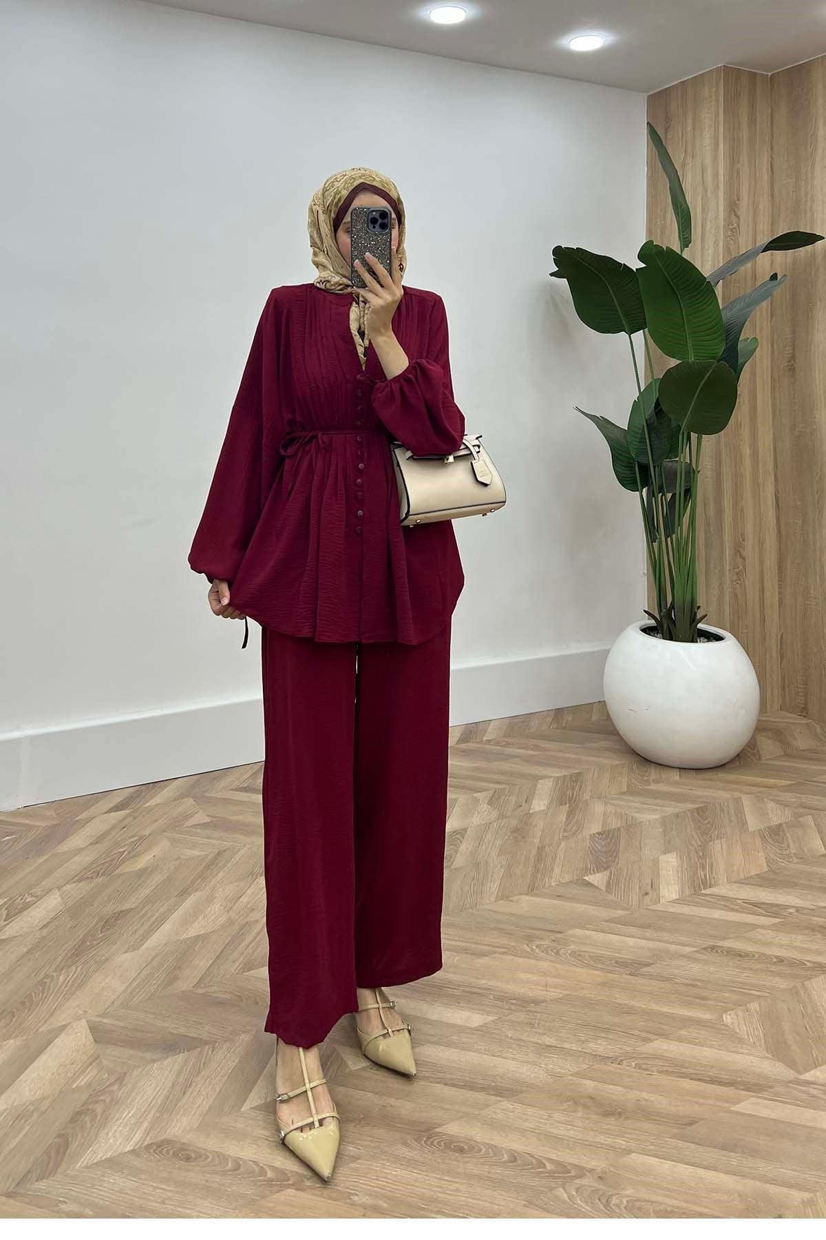Önü Nervürlü Kemerli Modern Ayrobin Takım Bordo