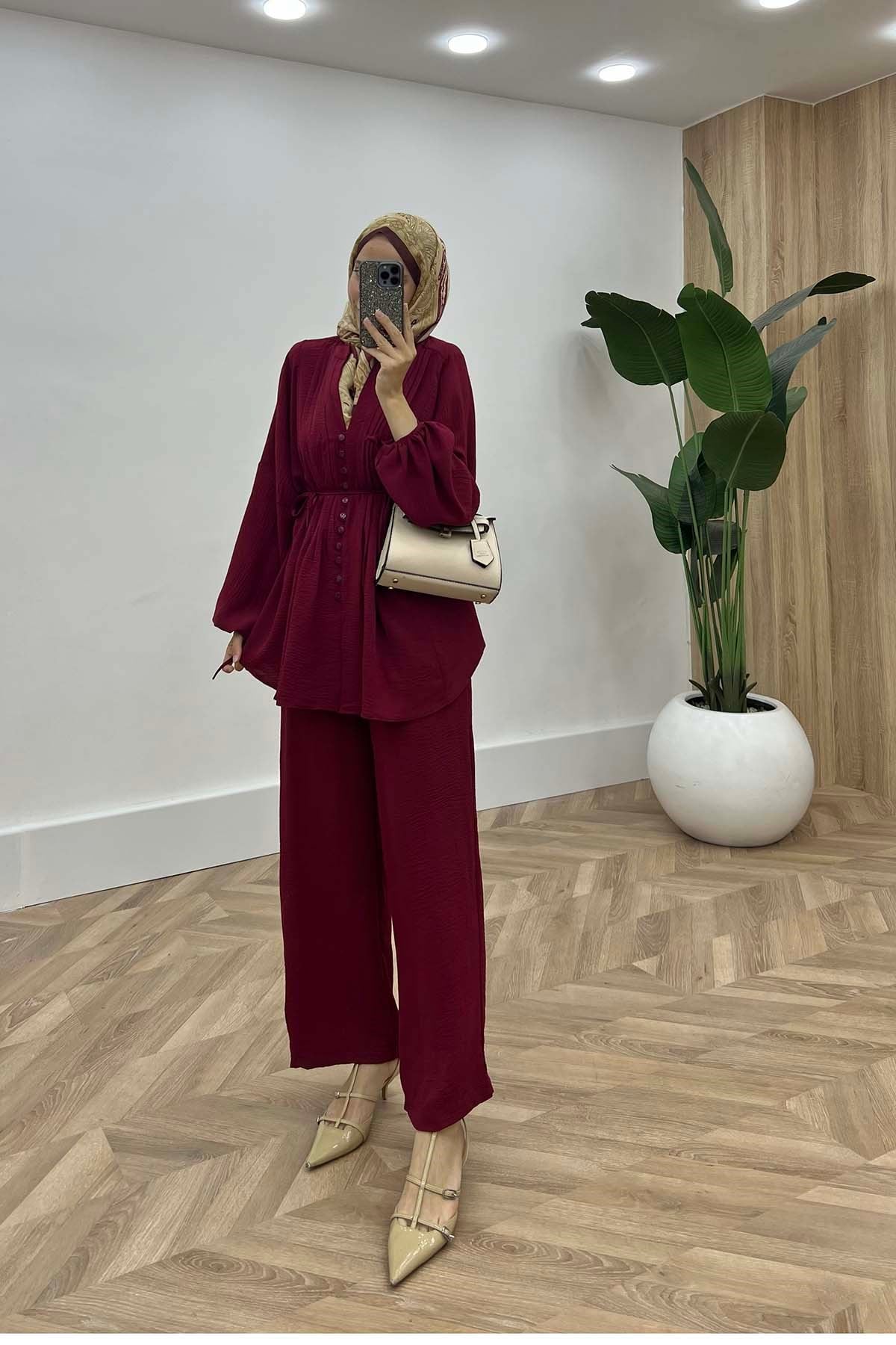 Önü Nervürlü Kemerli Modern Ayrobin Takım Bordo
