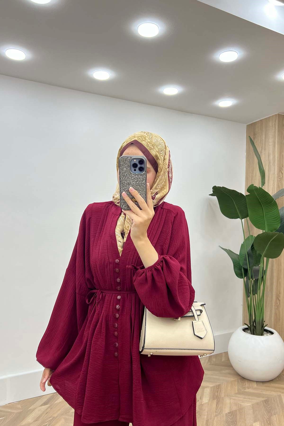 Önü Nervürlü Kemerli Modern Ayrobin Takım Bordo