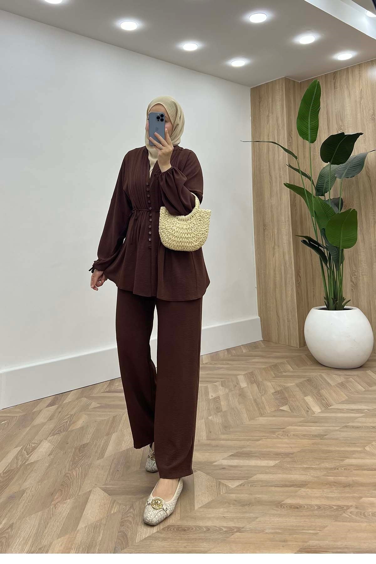 Önü Nervürlü Kemerli Modern Ayrobin Takım Kahve