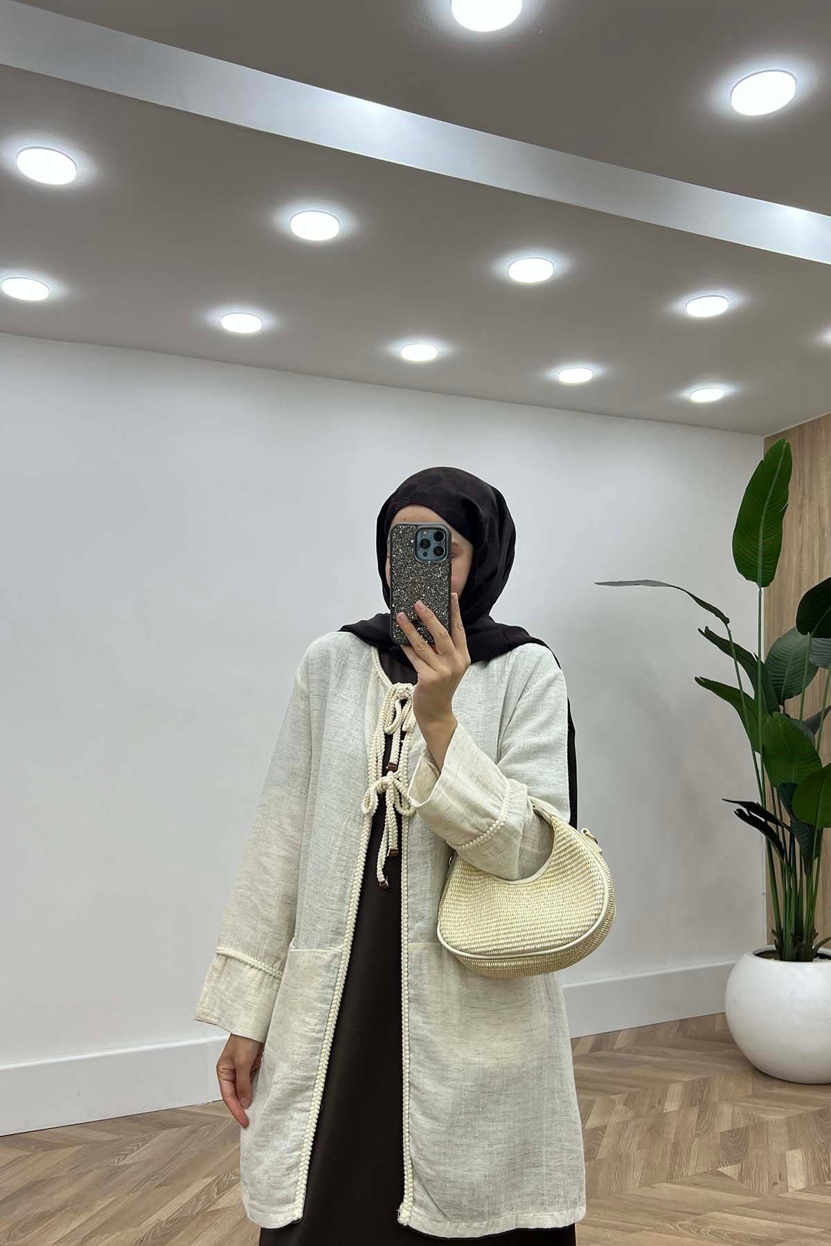 Önü Örgü Biyeli Kimono Krem