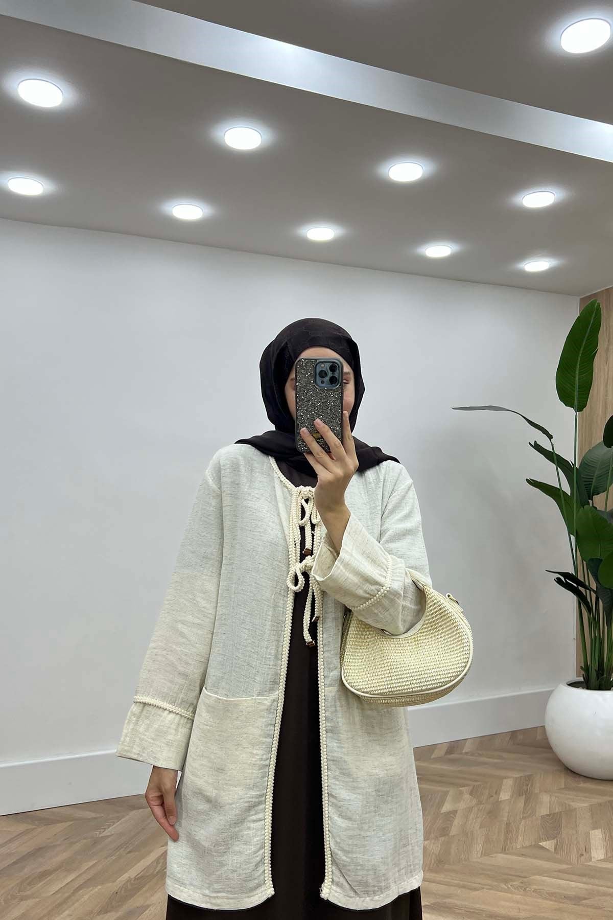 Önü Örgü Biyeli Kimono Krem