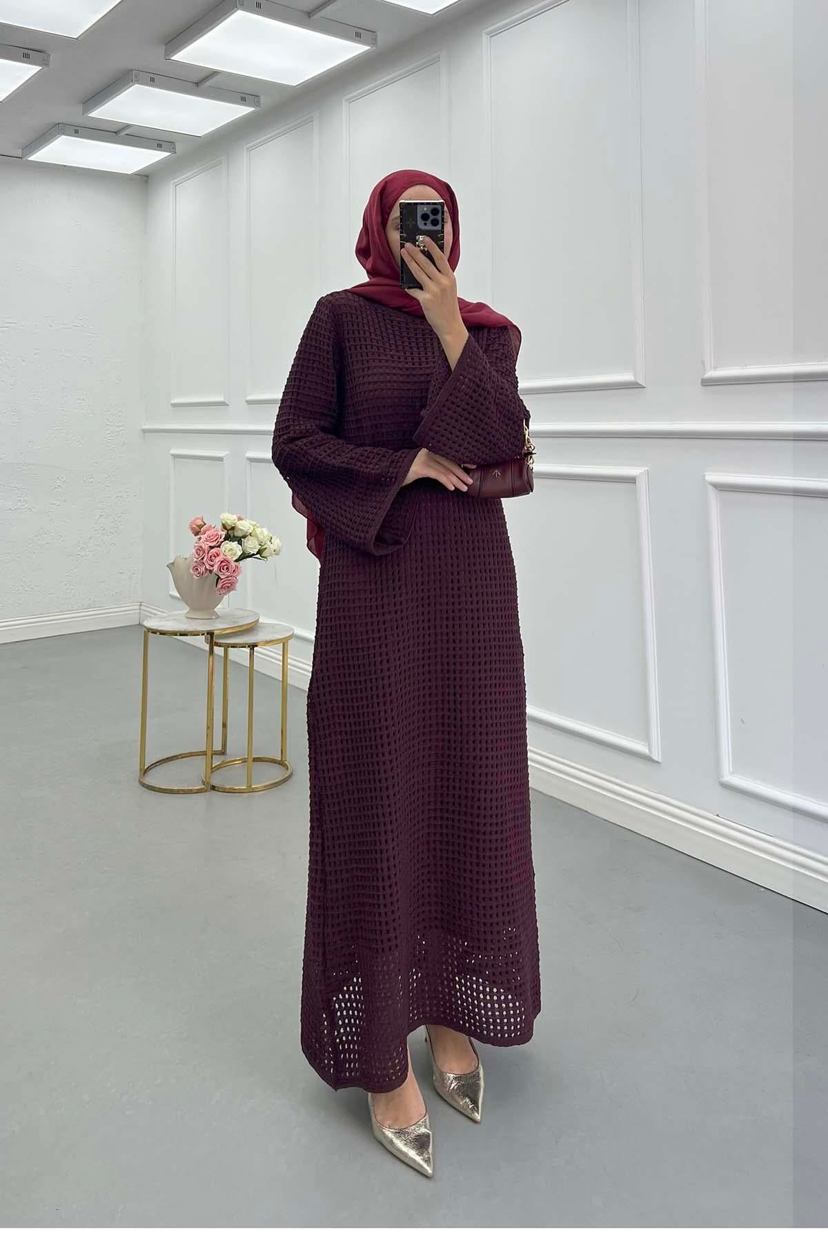 Örgü Desen (İçlikli) Triko Elbise Bordo