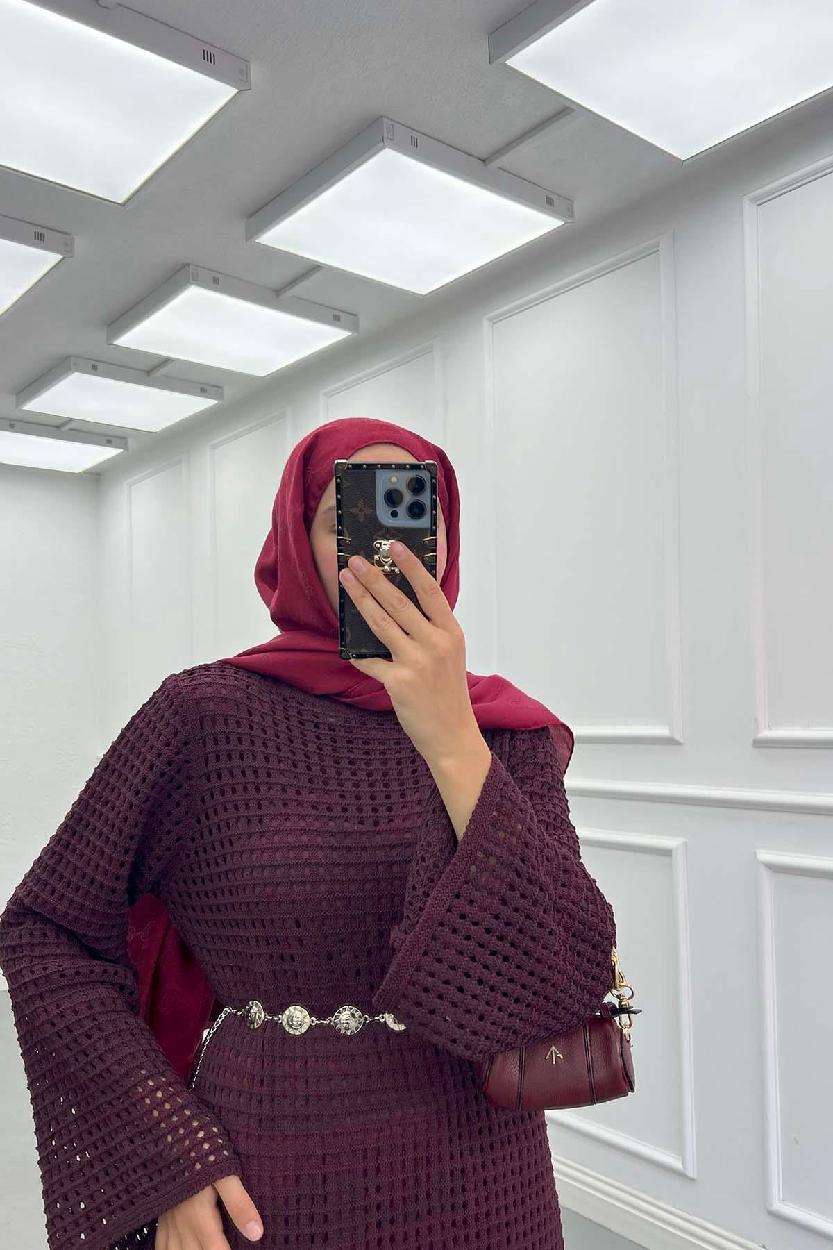 Örgü Desen (İçlikli) Triko Elbise Bordo