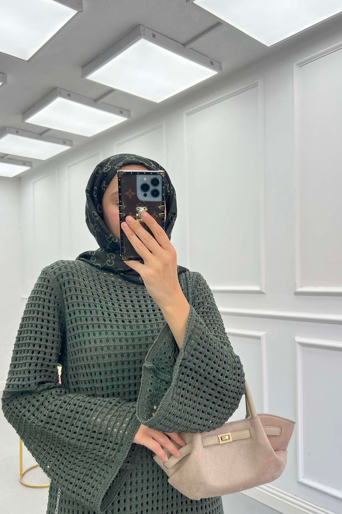 Örgü Desen (İçlikli) Triko Elbise Koyu Yeşil