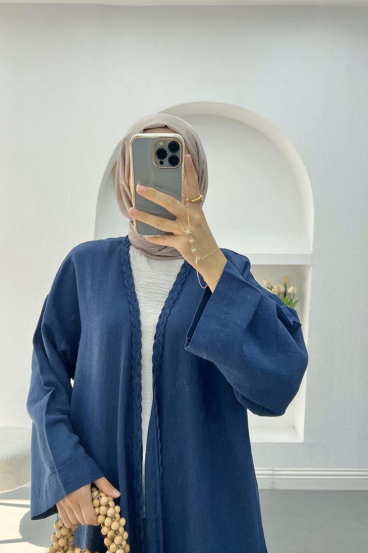 Örgü Detaylı Kimono Lacivert