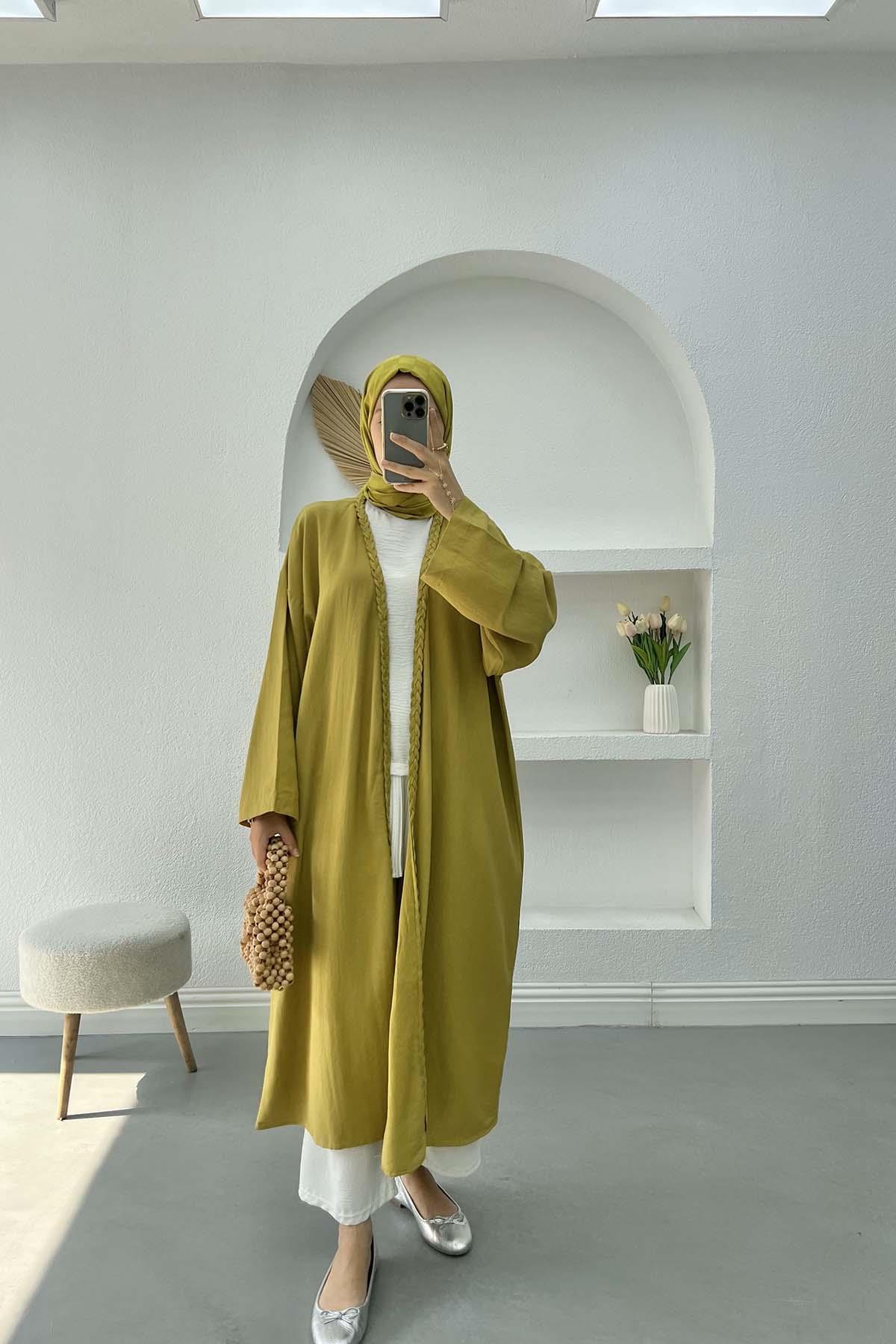 Örgü Detaylı Kimono Zeytin Yeşili