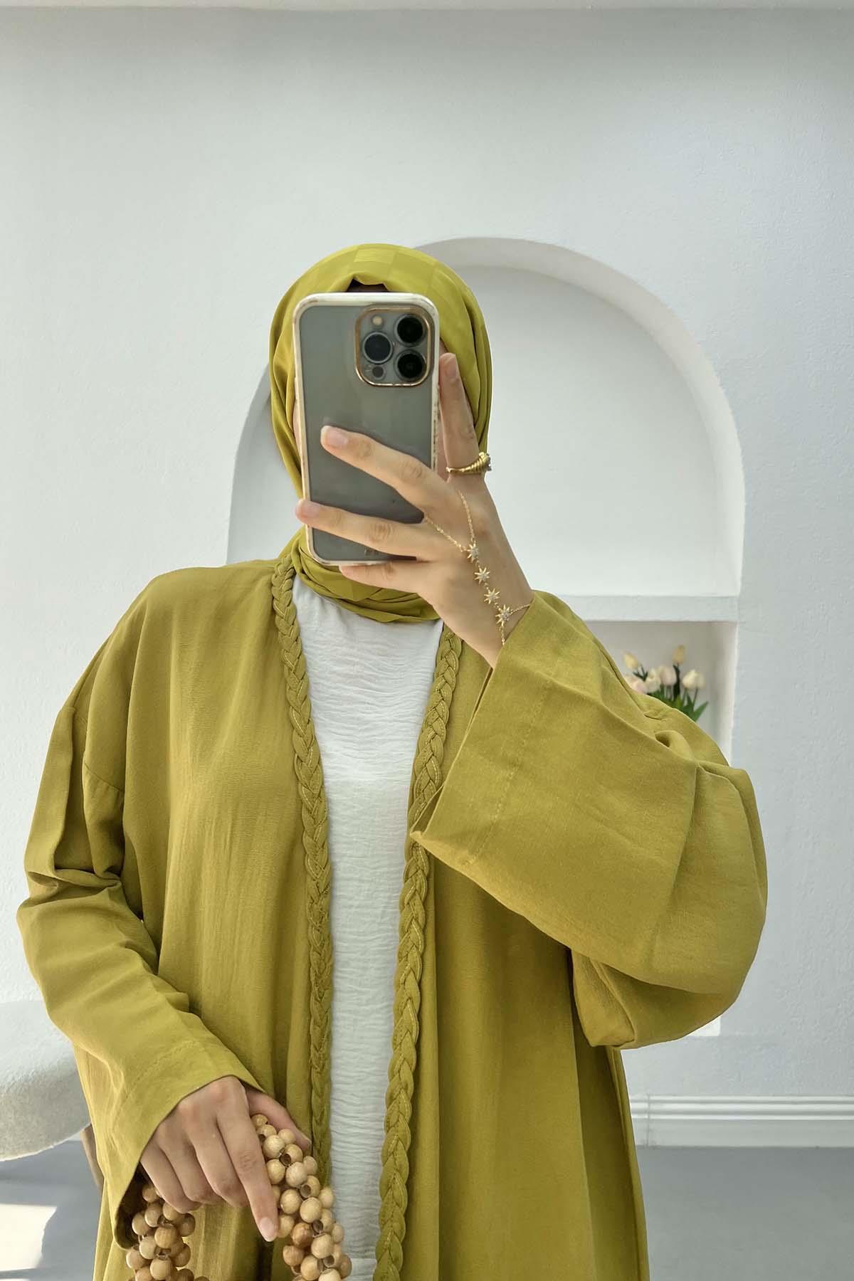 Örgü Detaylı Kimono Zeytin Yeşili