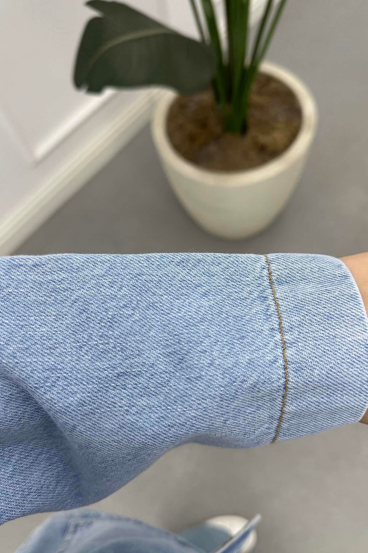 Örgü Detaylı Kuşaklı Denim Ceket Açık Mavi