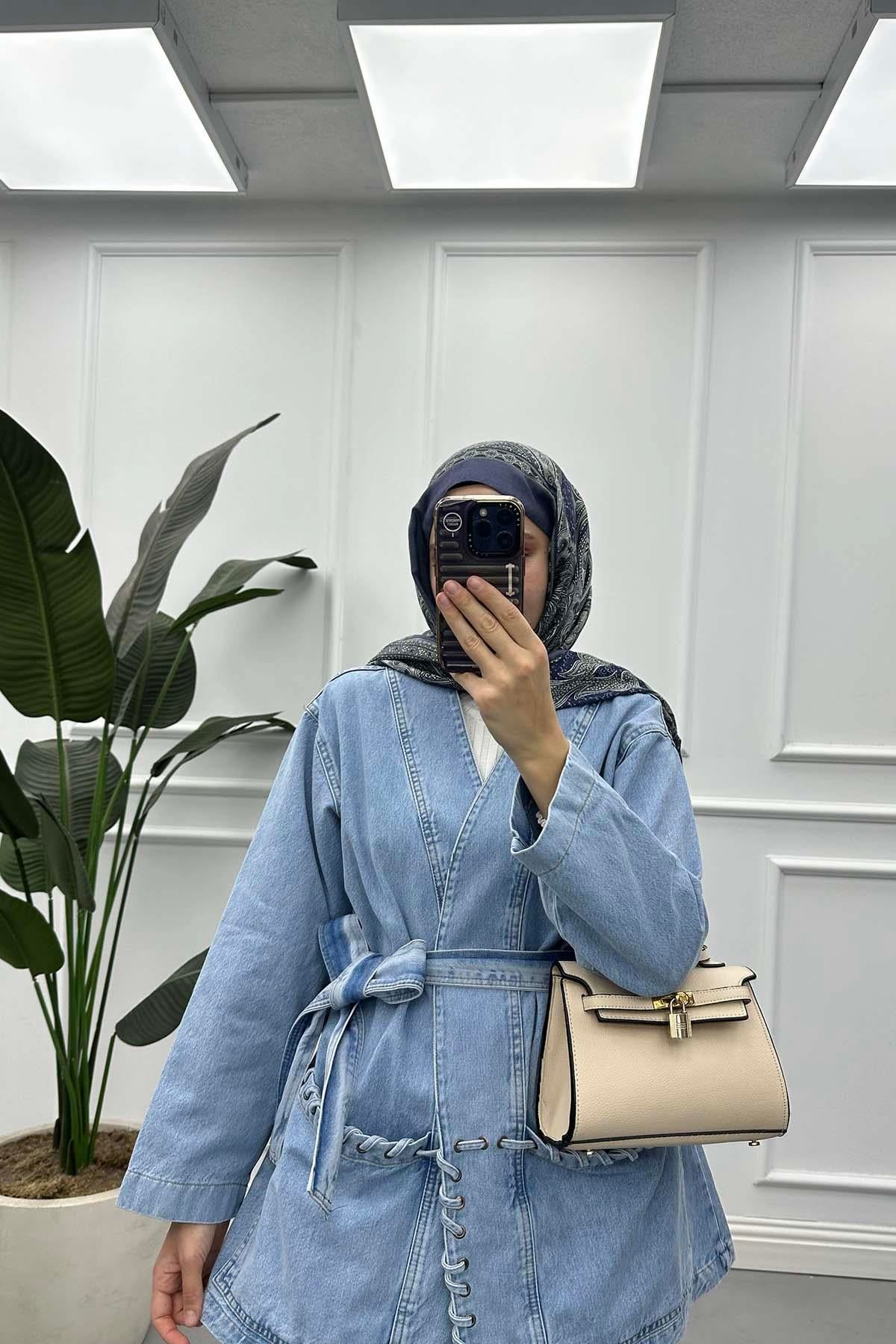 Örgü Detaylı Kuşaklı Denim Ceket Açık Mavi