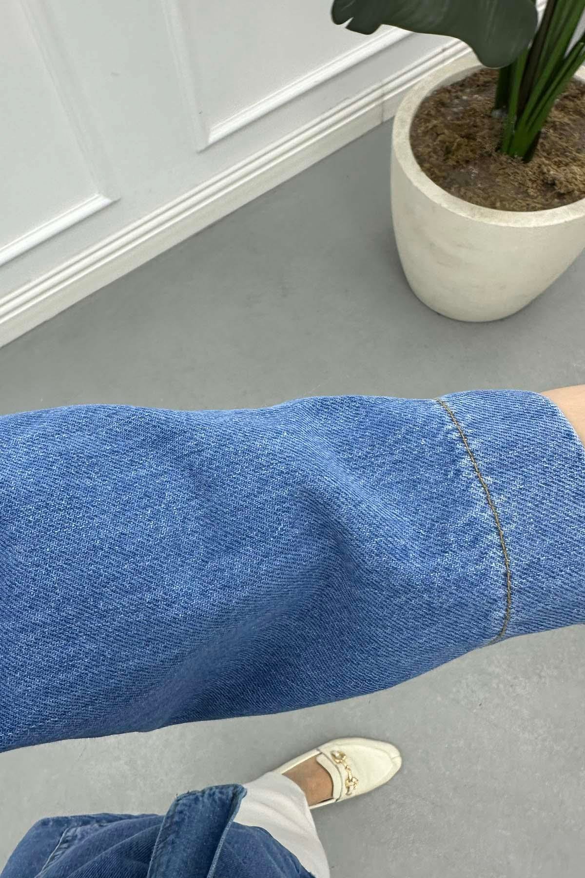 Örgü Detaylı Kuşaklı Denim Ceket Mavi