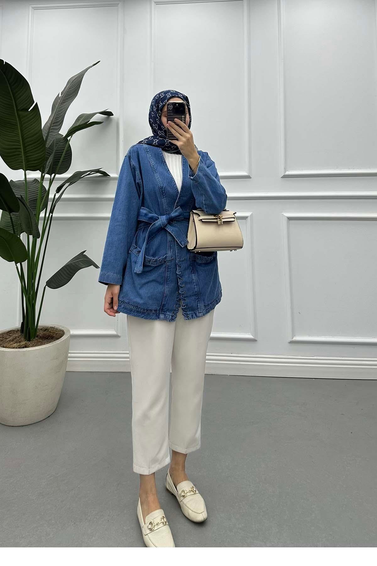 Örgü Detaylı Kuşaklı Denim Ceket Mavi
