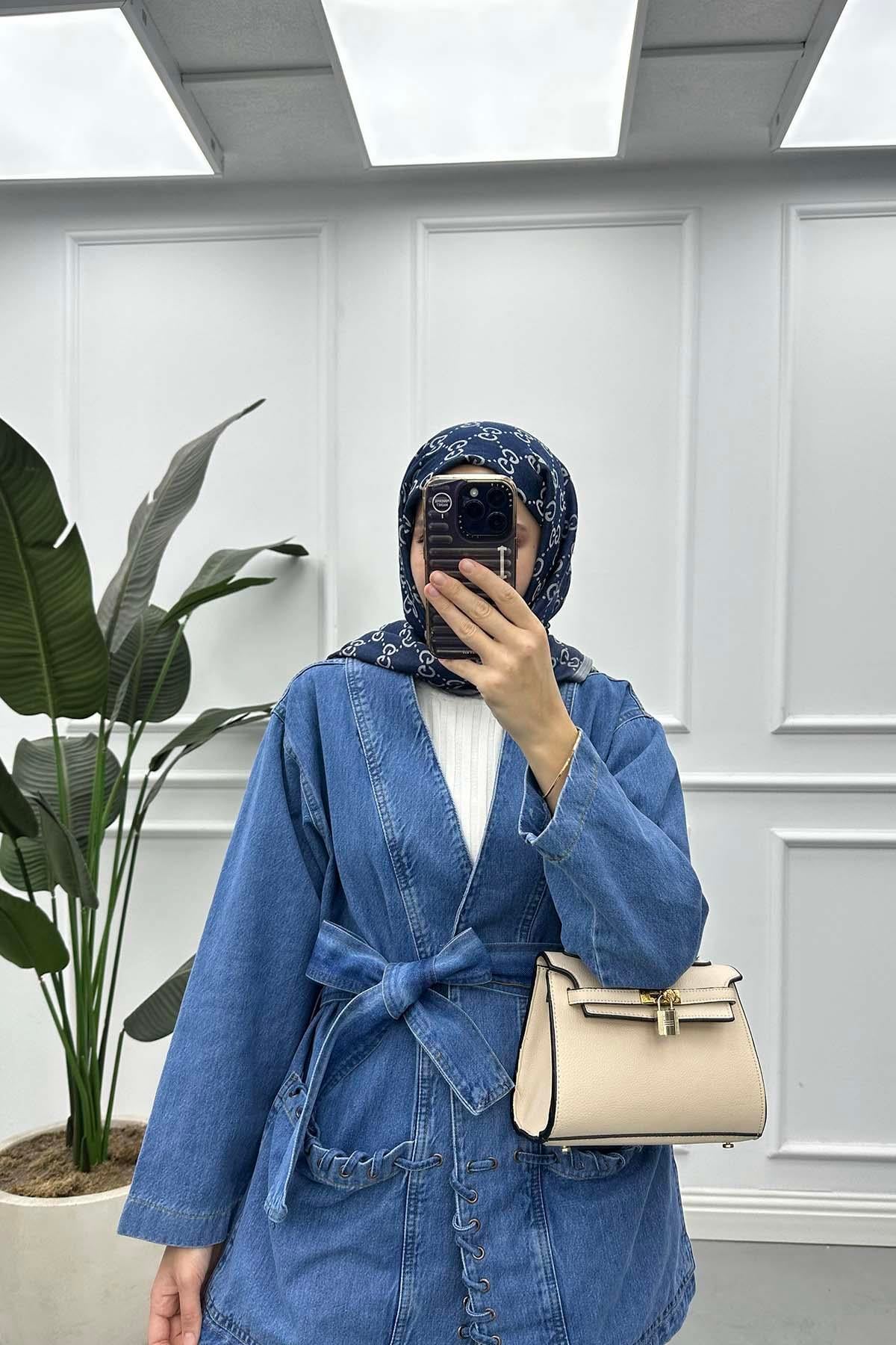 Örgü Detaylı Kuşaklı Denim Ceket Mavi