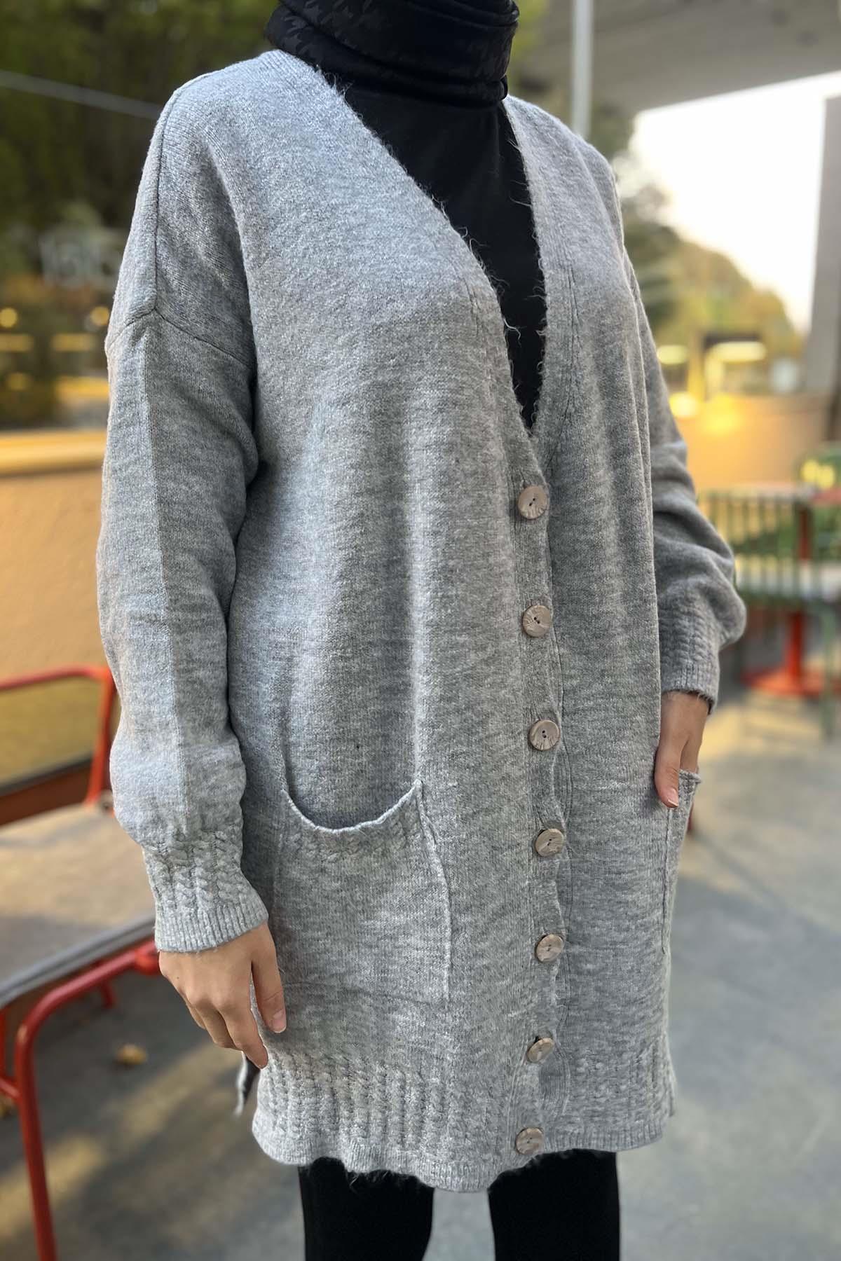 Örgü Detaylı Triko Hırka Açık Gri