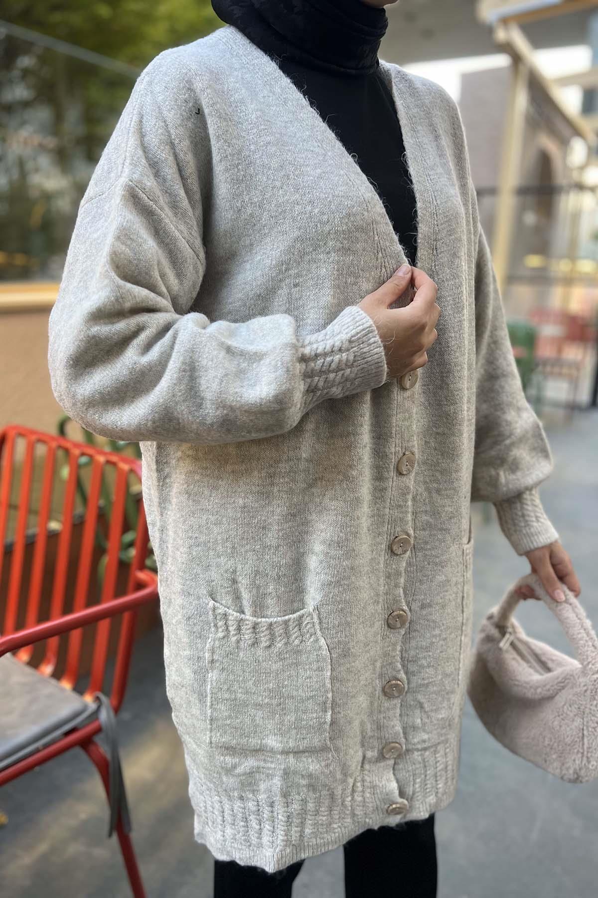 Örgü Detaylı Triko Hırka Bej