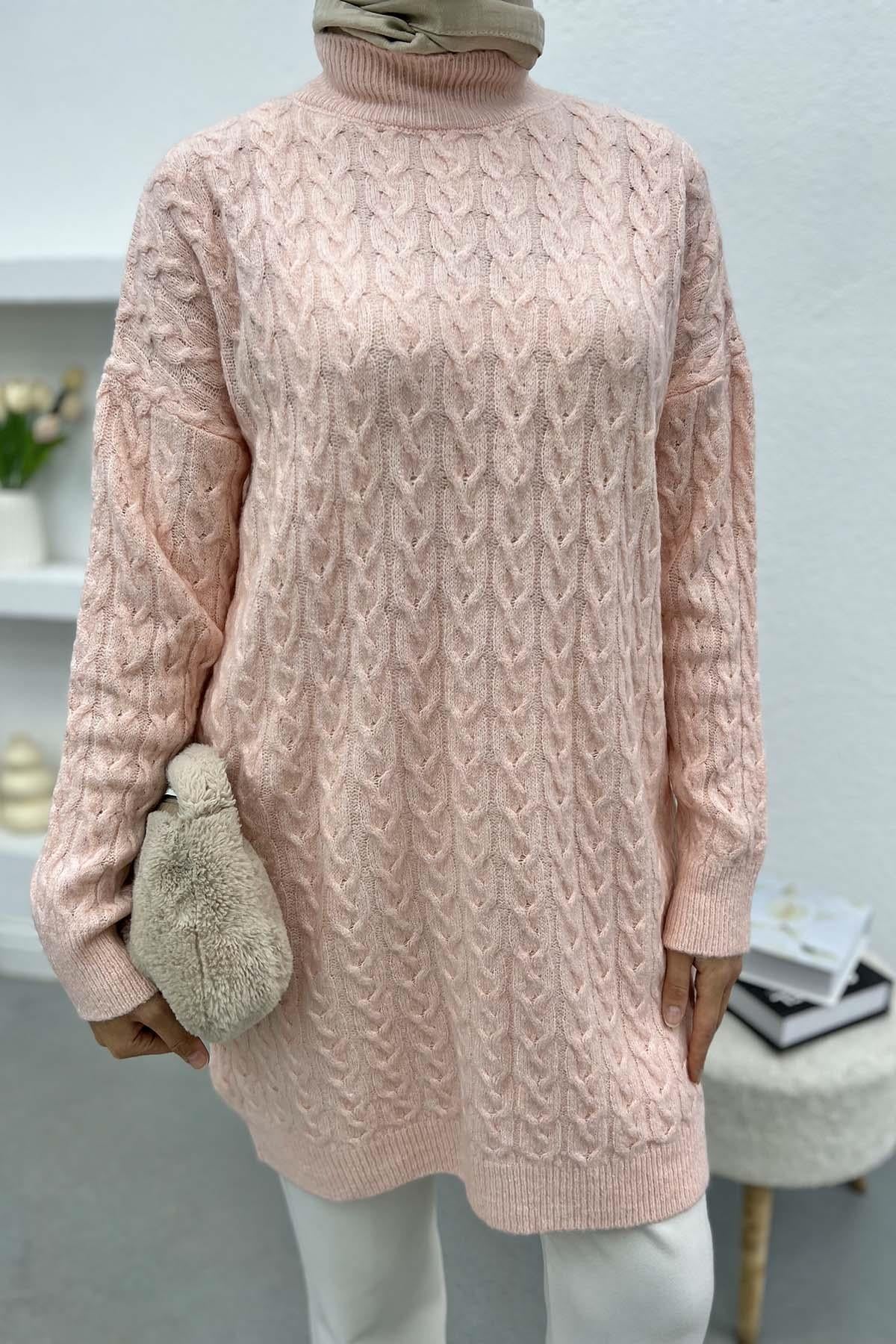 Örgü Detaylı Triko Kazak Pudra