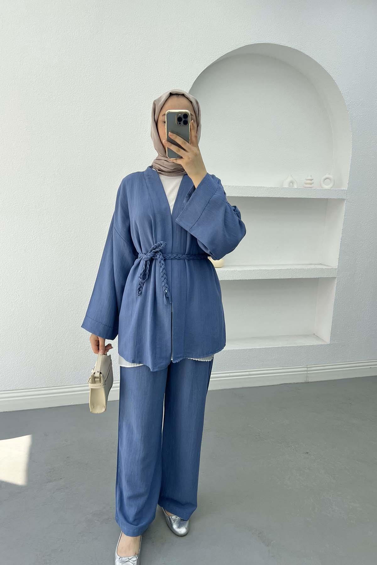 Örgü Kemerli Keten Kimono İndigo