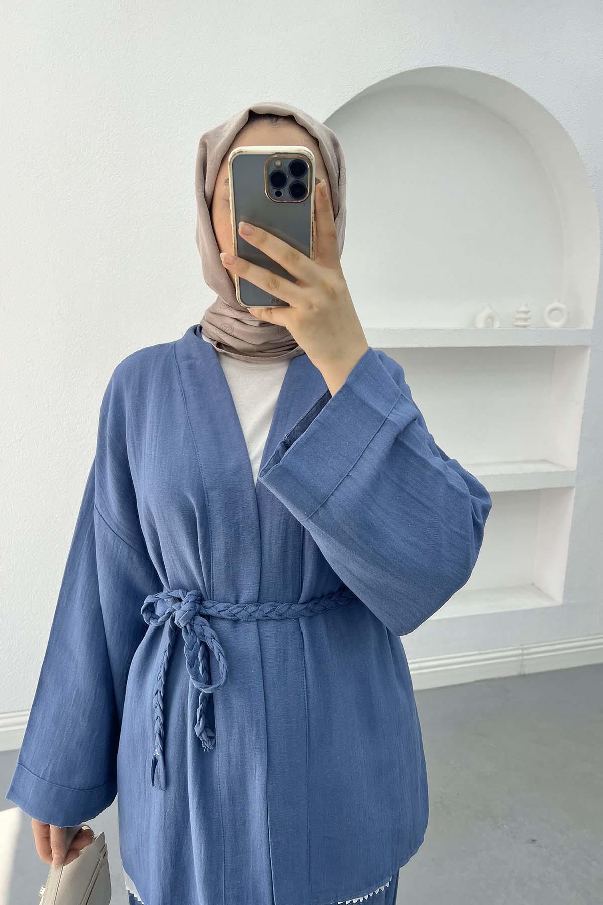 Örgü Kemerli Keten Kimono İndigo