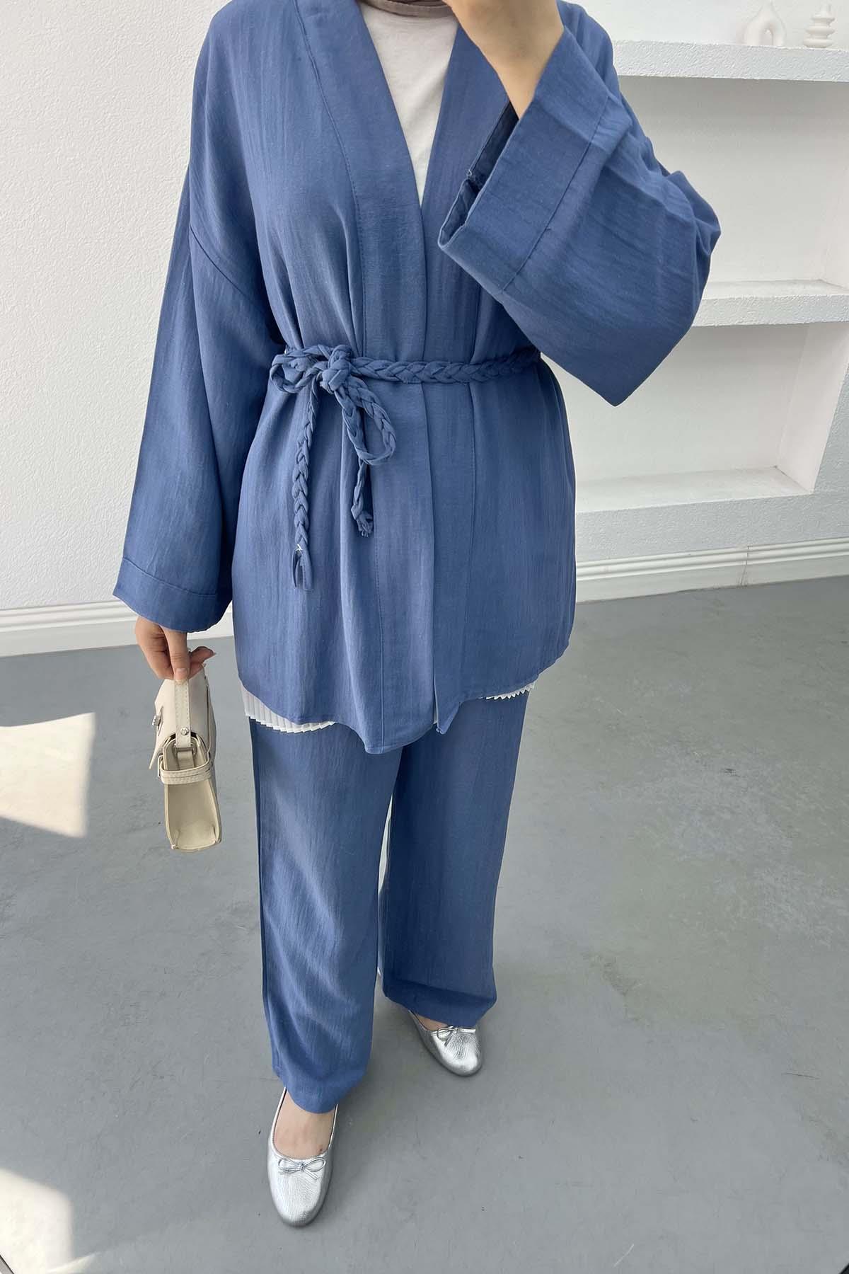 Örgü Kemerli Keten Kimono İndigo