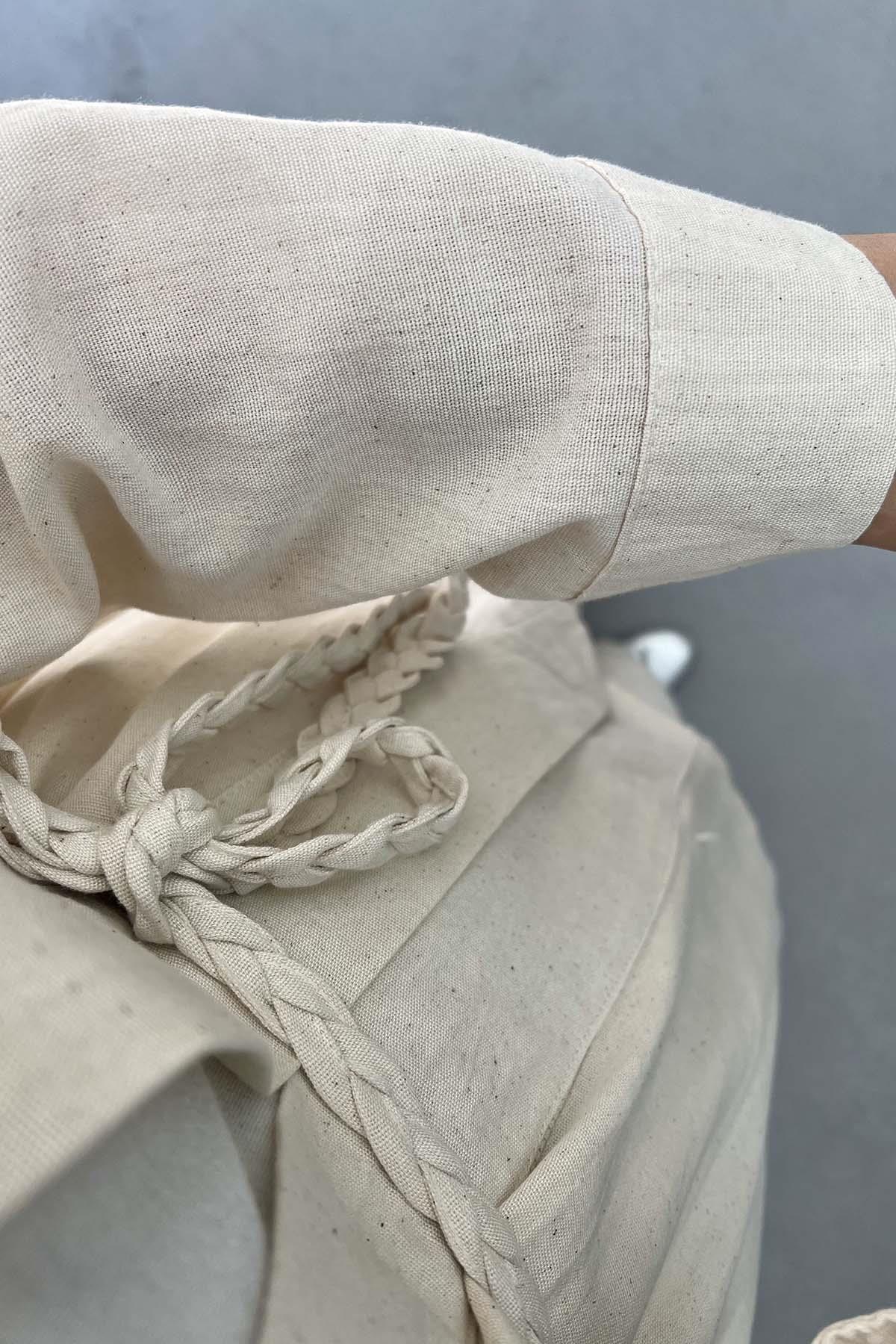 Örgü Kemerli Keten Kimono Taş