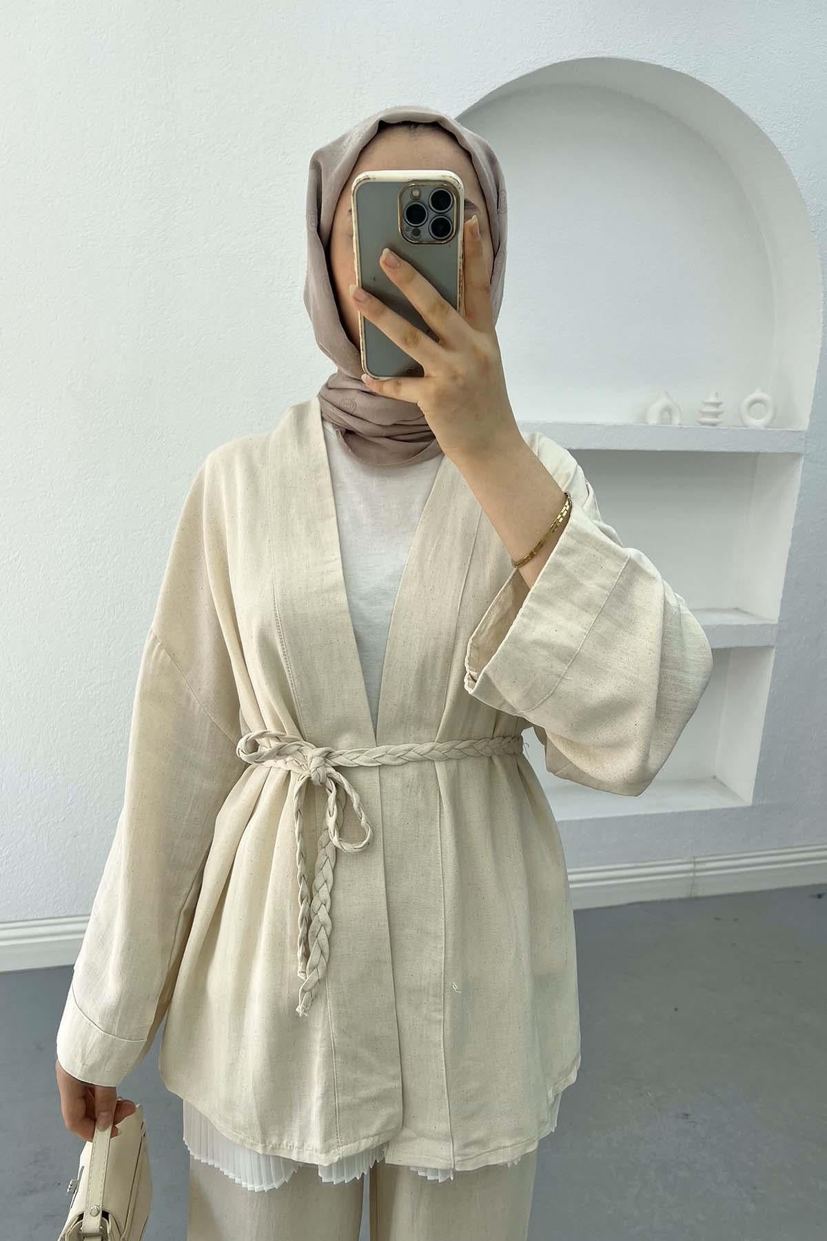 Örgü Kemerli Keten Kimono Taş