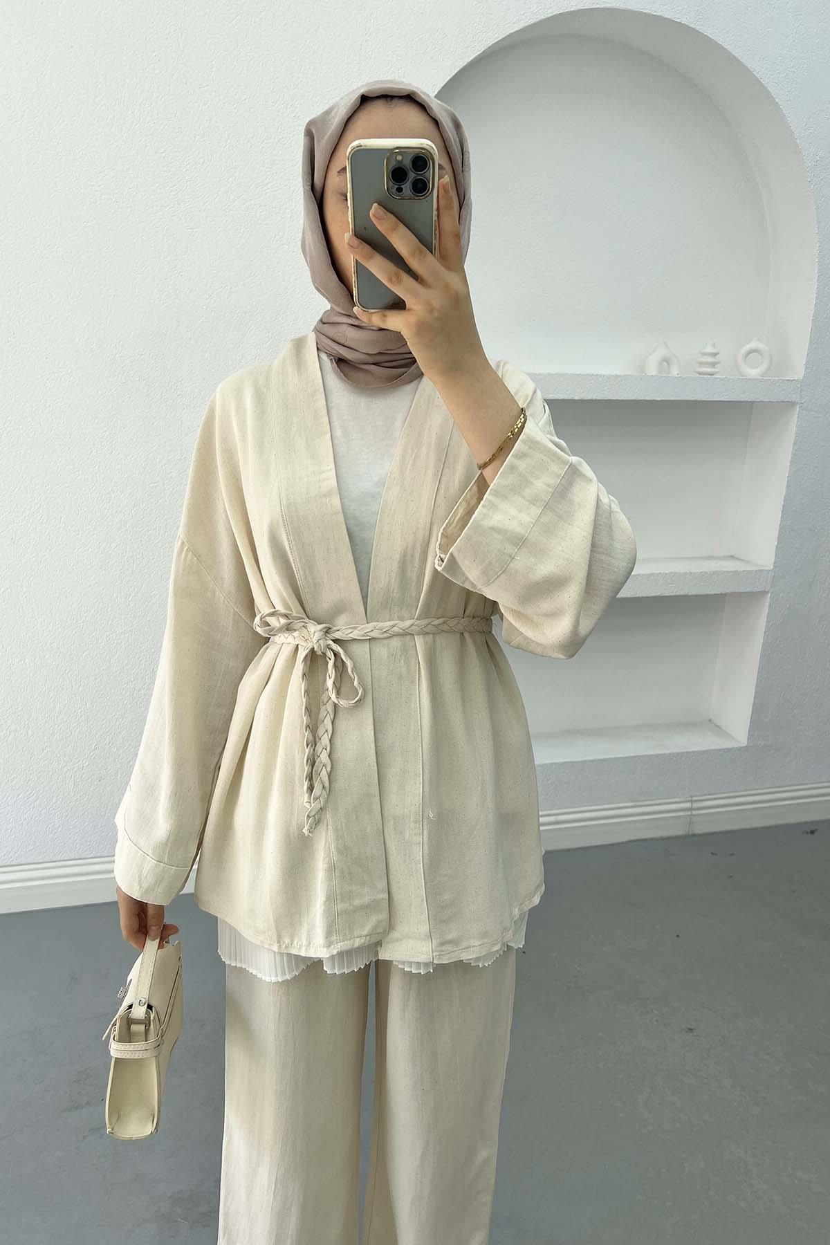 Örgü Kemerli Keten Kimono Taş