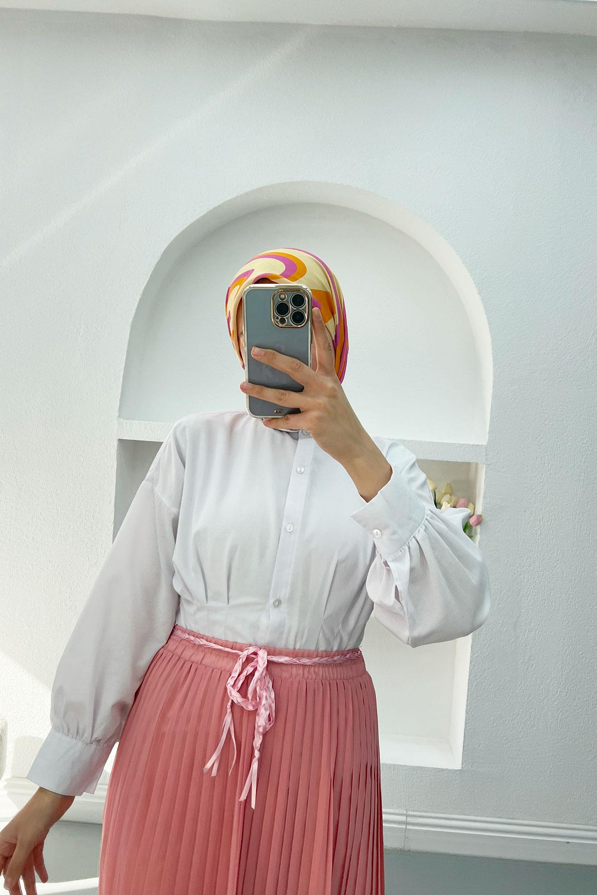 Örgü Kemerli Piliseli Etek Pembe