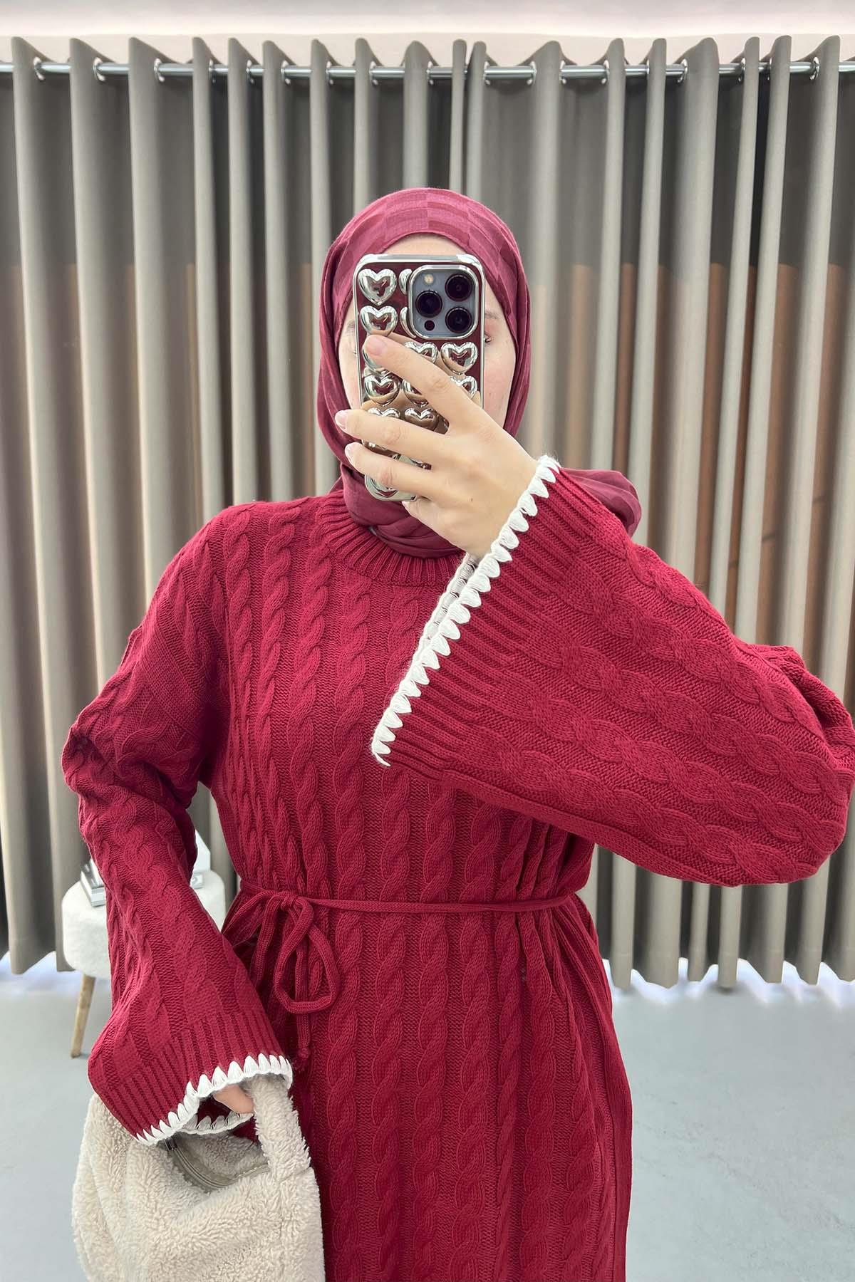 Örgülü İşlemeli Triko Elbise Bordo