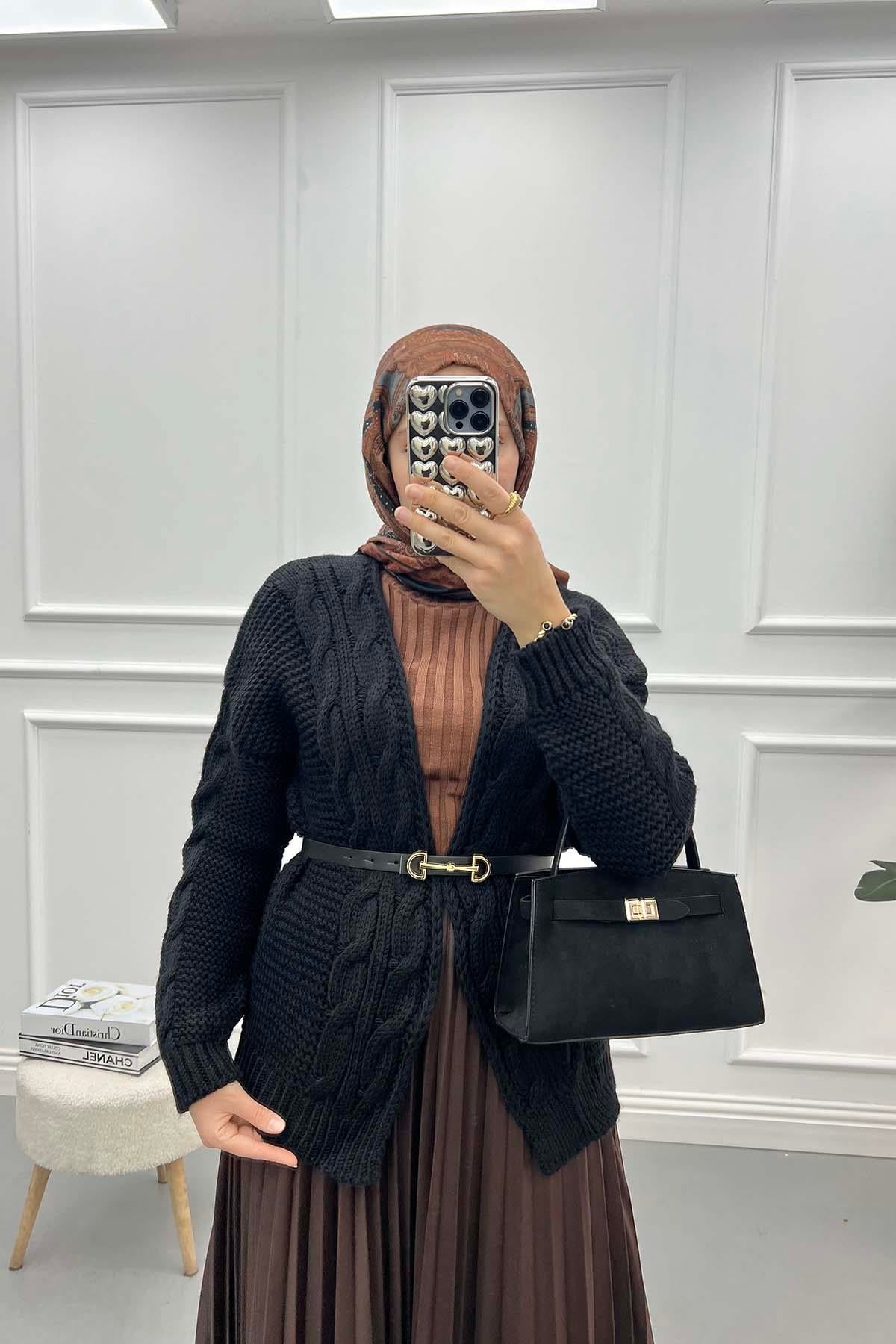 Örgülü Triko Hırka Siyah