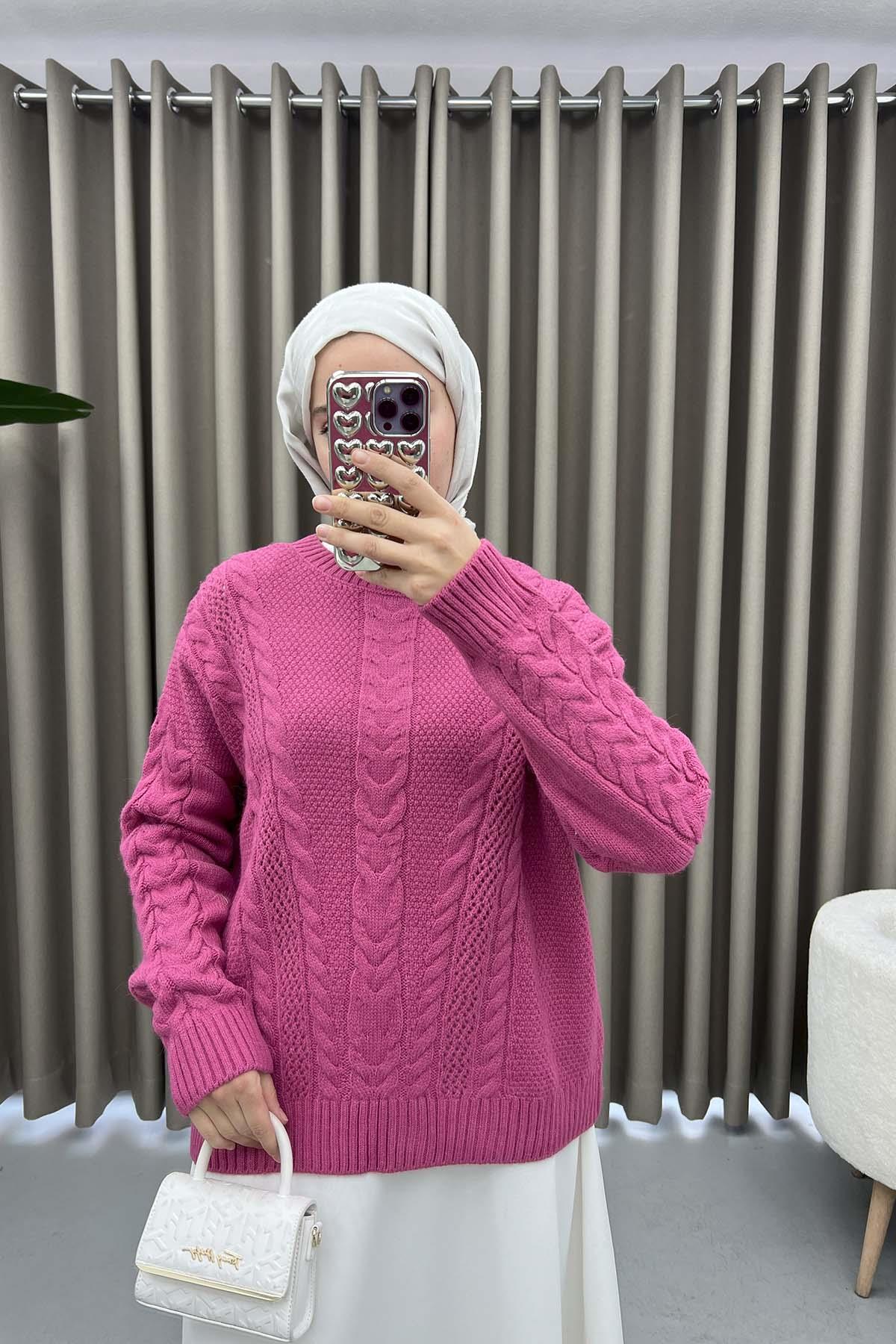 Örgülü Triko Kazak Pembe