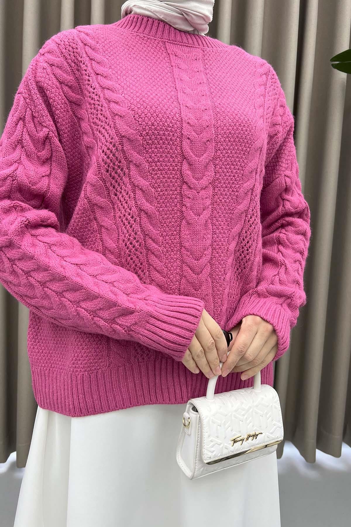 Örgülü Triko Kazak Pembe