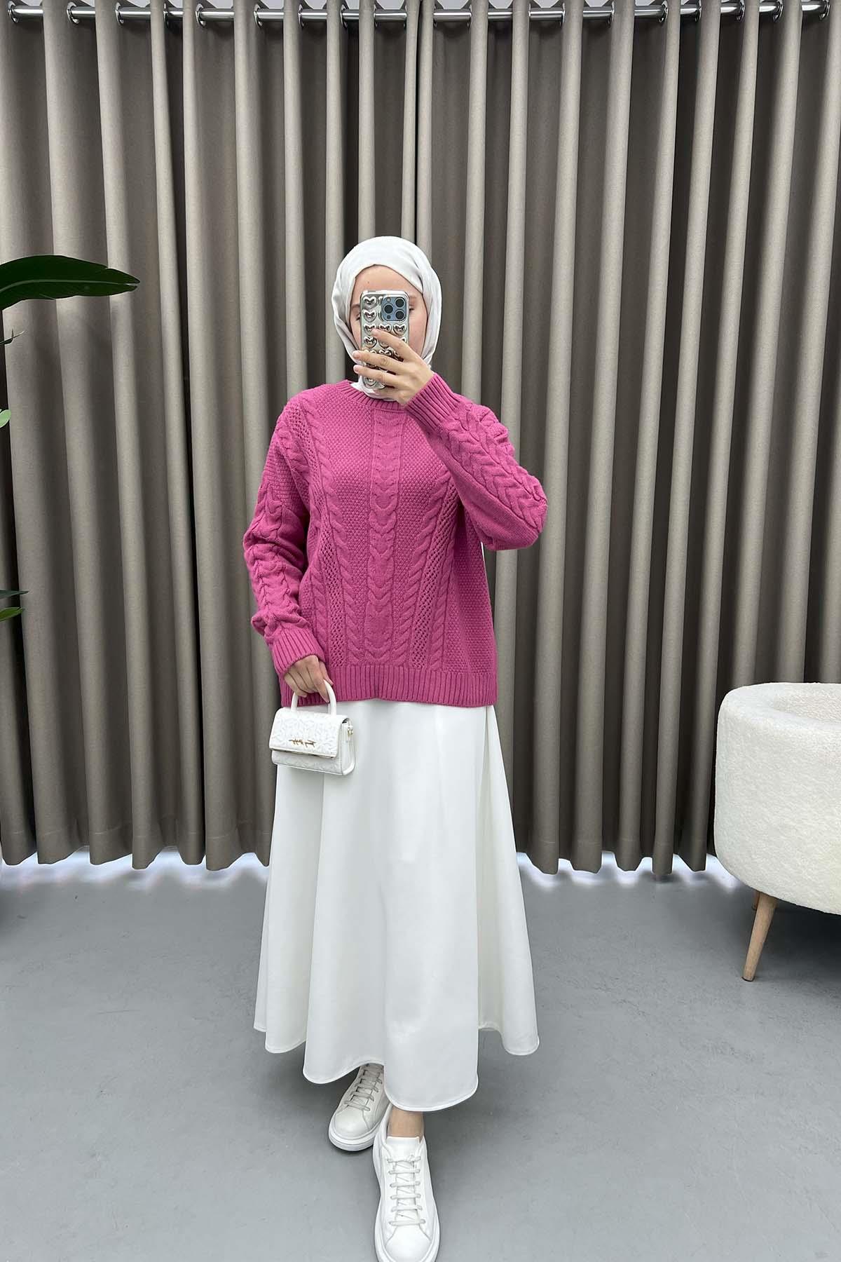 Örgülü Triko Kazak Pembe