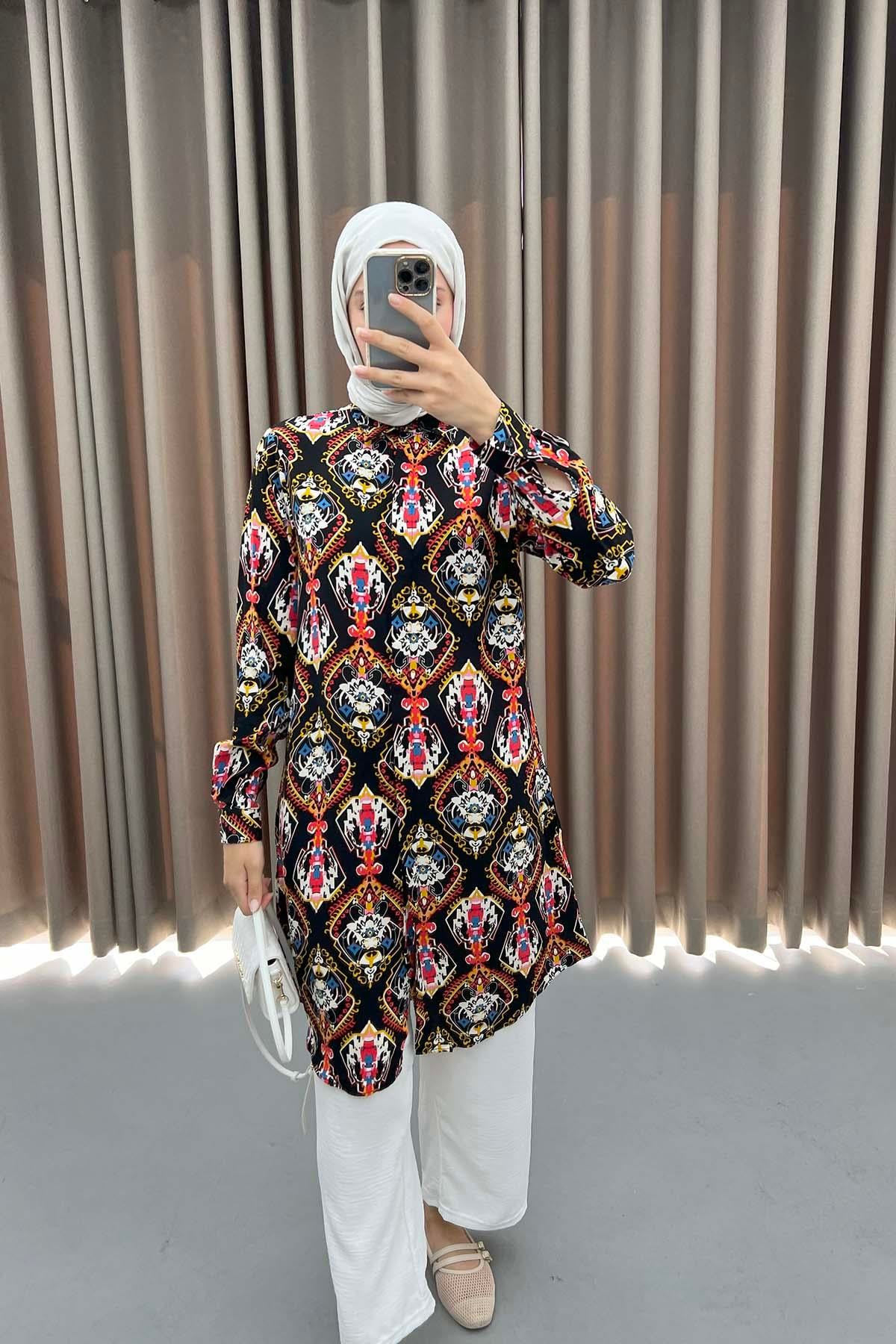 Otantik Desenli Tunik Siyah