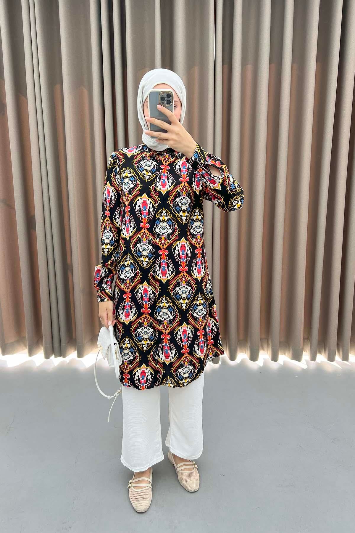 Otantik Desenli Tunik Siyah