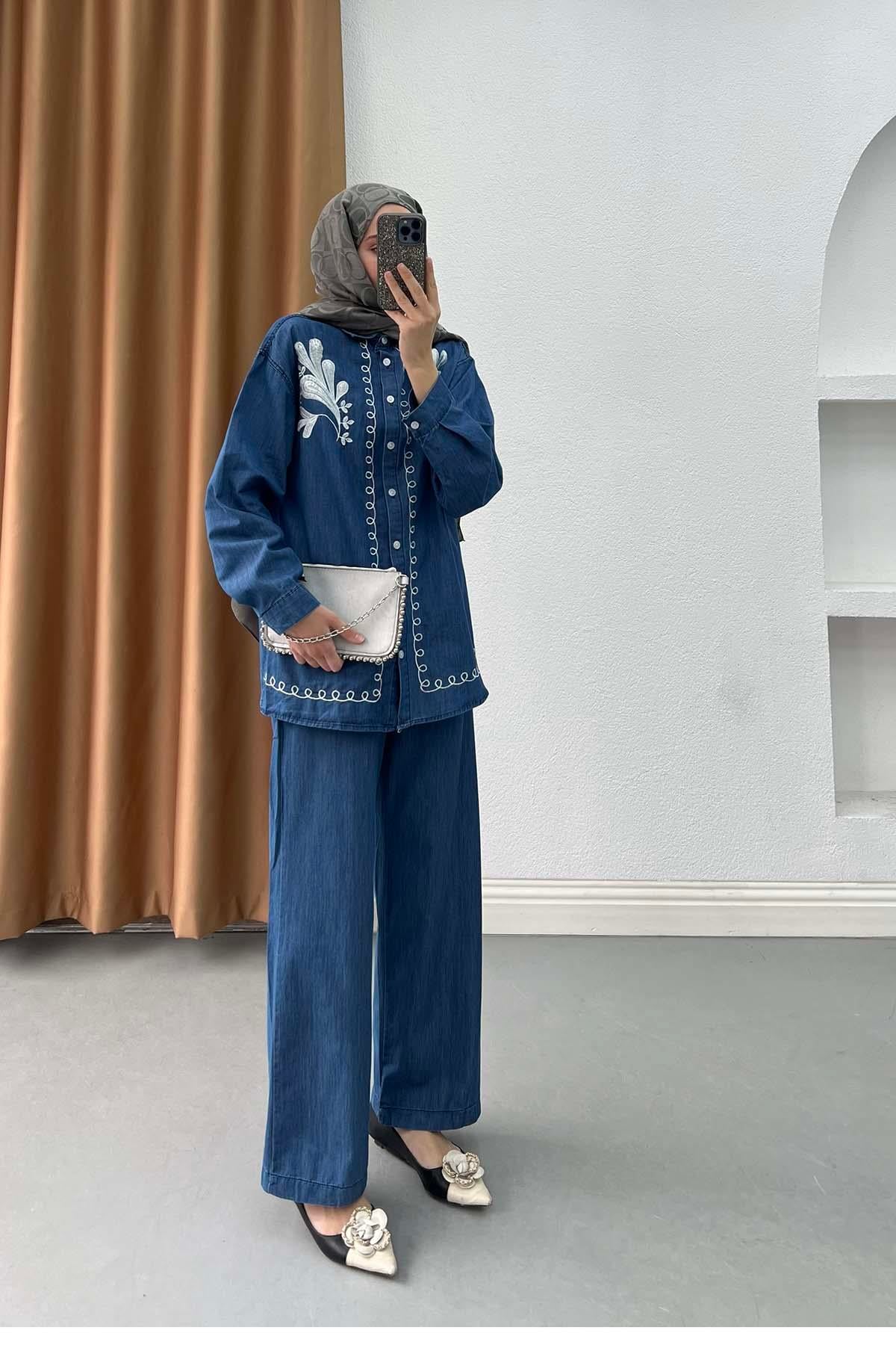 Otantik Nakışlı Tencel Kot Takım Mavi