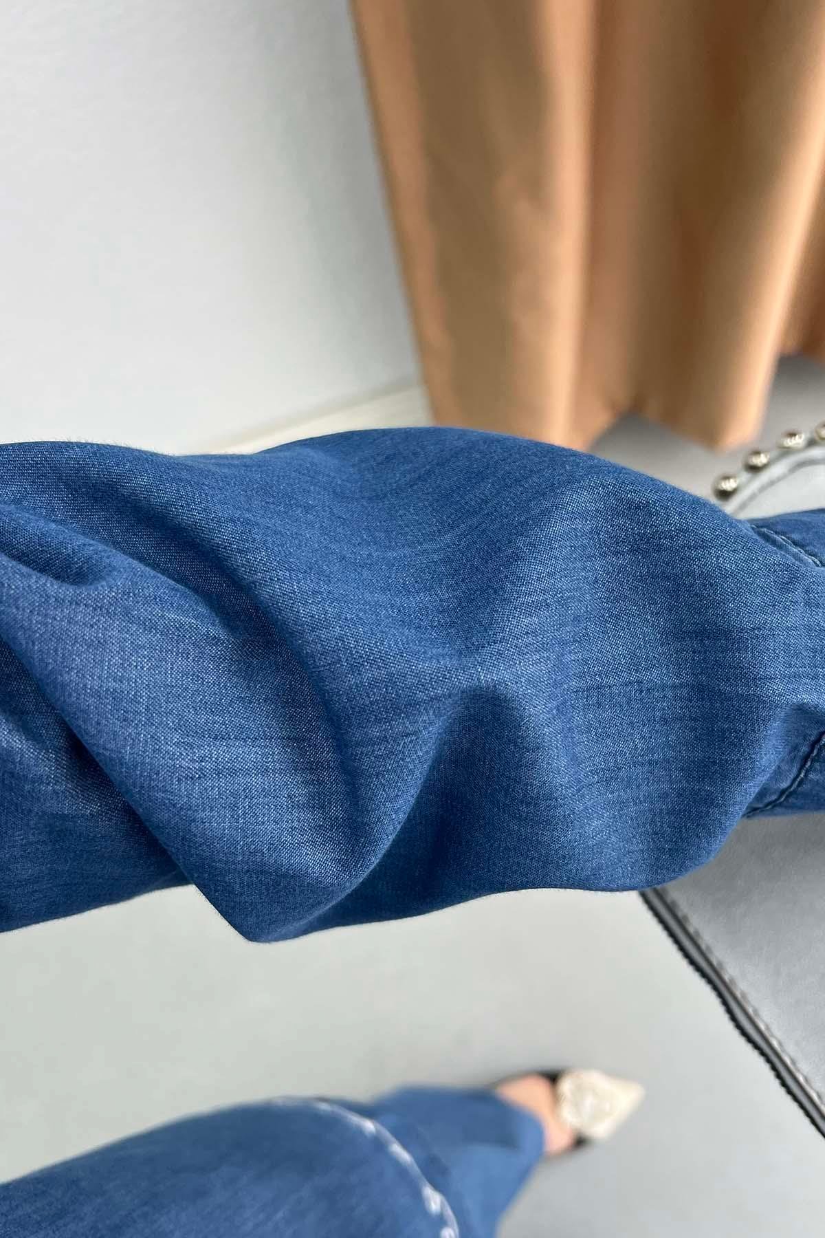 Otantik Nakışlı Tencel Kot Takım Mavi
