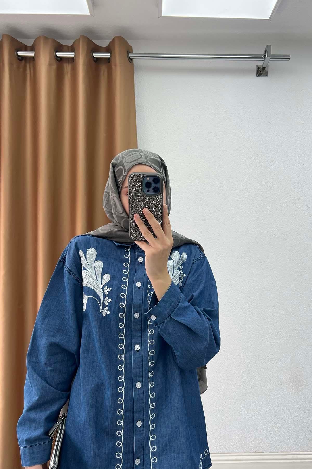 Otantik Nakışlı Tencel Kot Takım Mavi