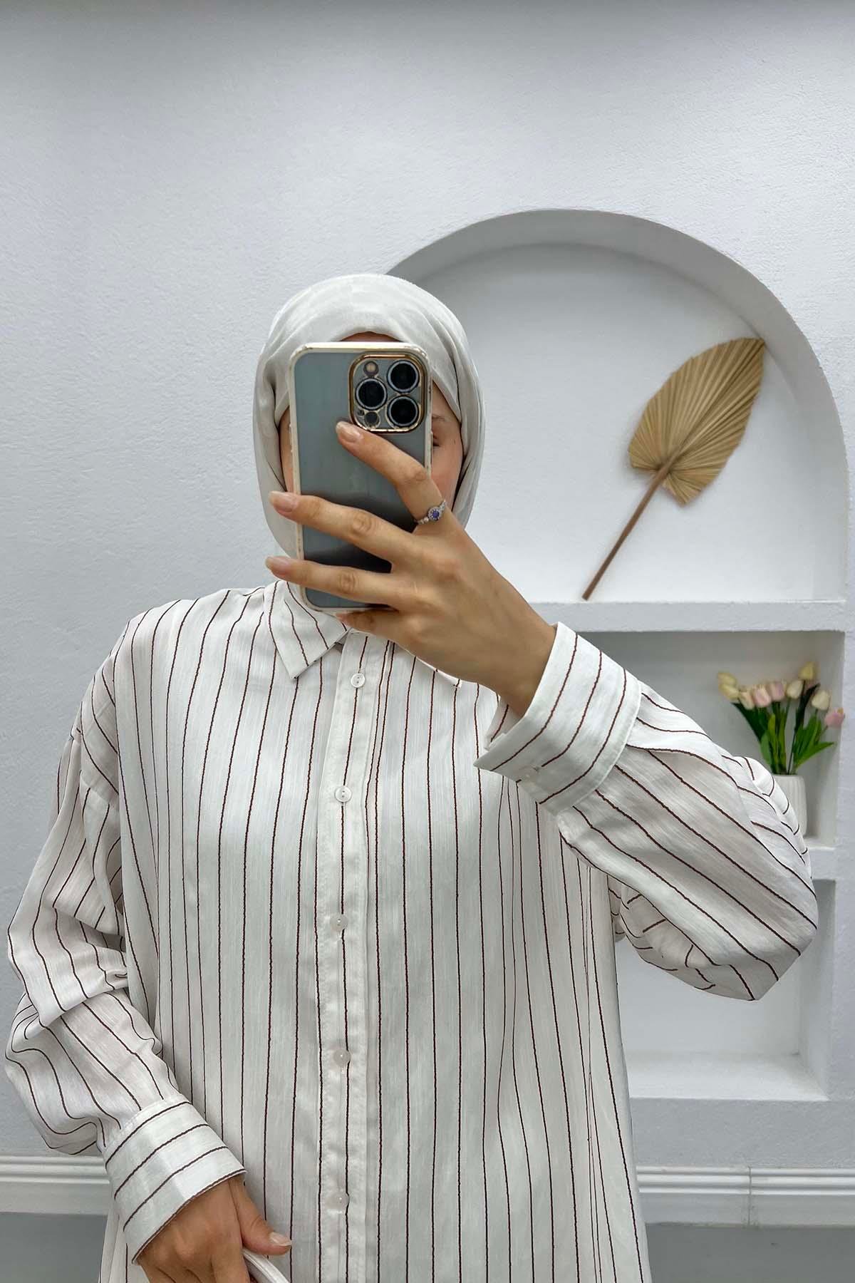 Oversize Çizgili Gömlek Acı Kahve