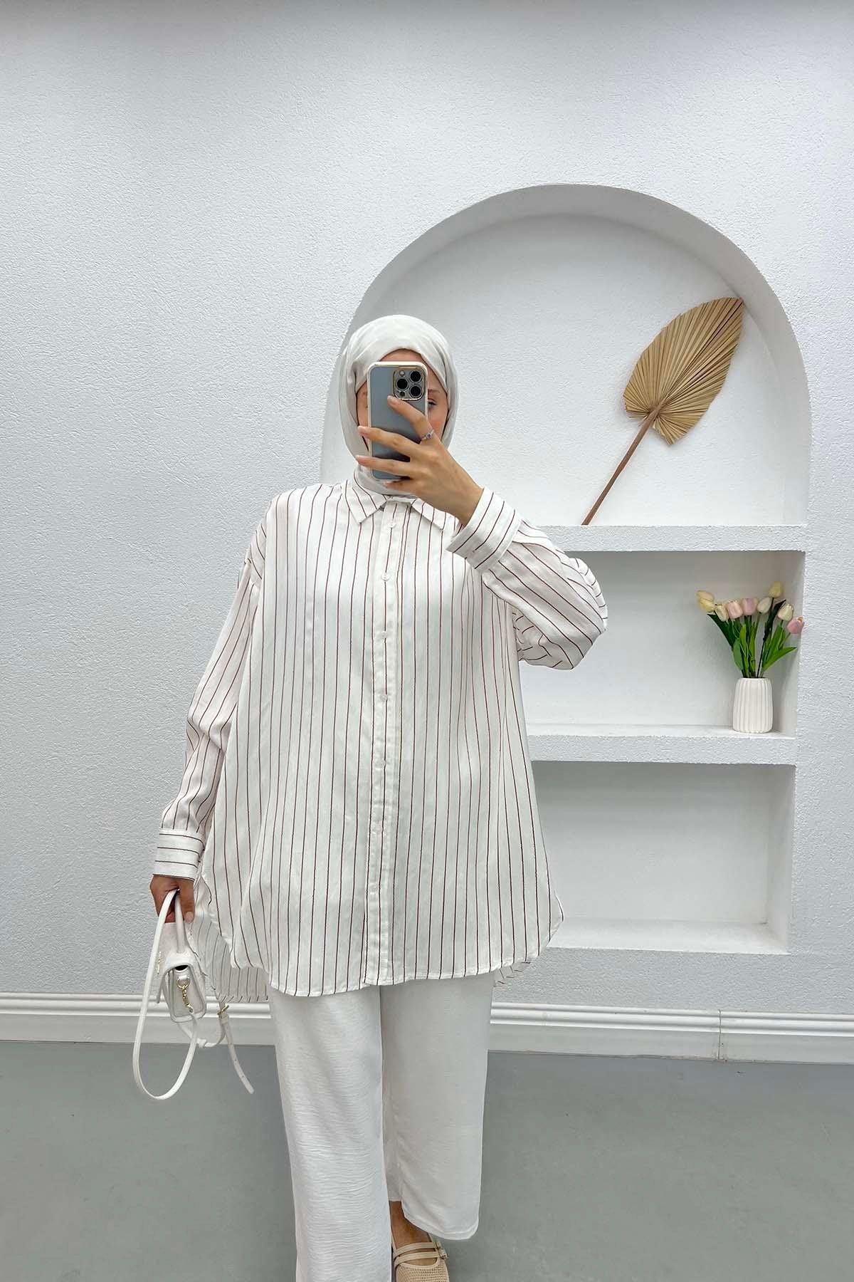 Oversize Çizgili Gömlek Acı Kahve