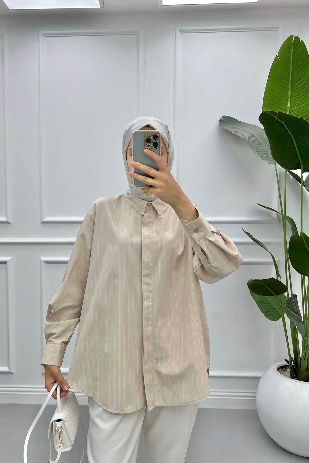 Oversize Çizgili Gömlek Bej